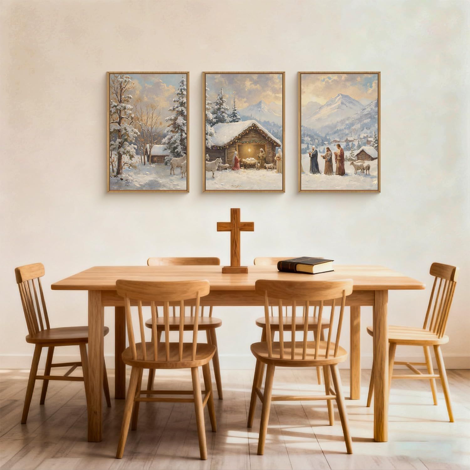 Demonstrates how the framed artwork can be displayed in a real-world dining room setting to create a warm, faith-centered atmosphere in the home.