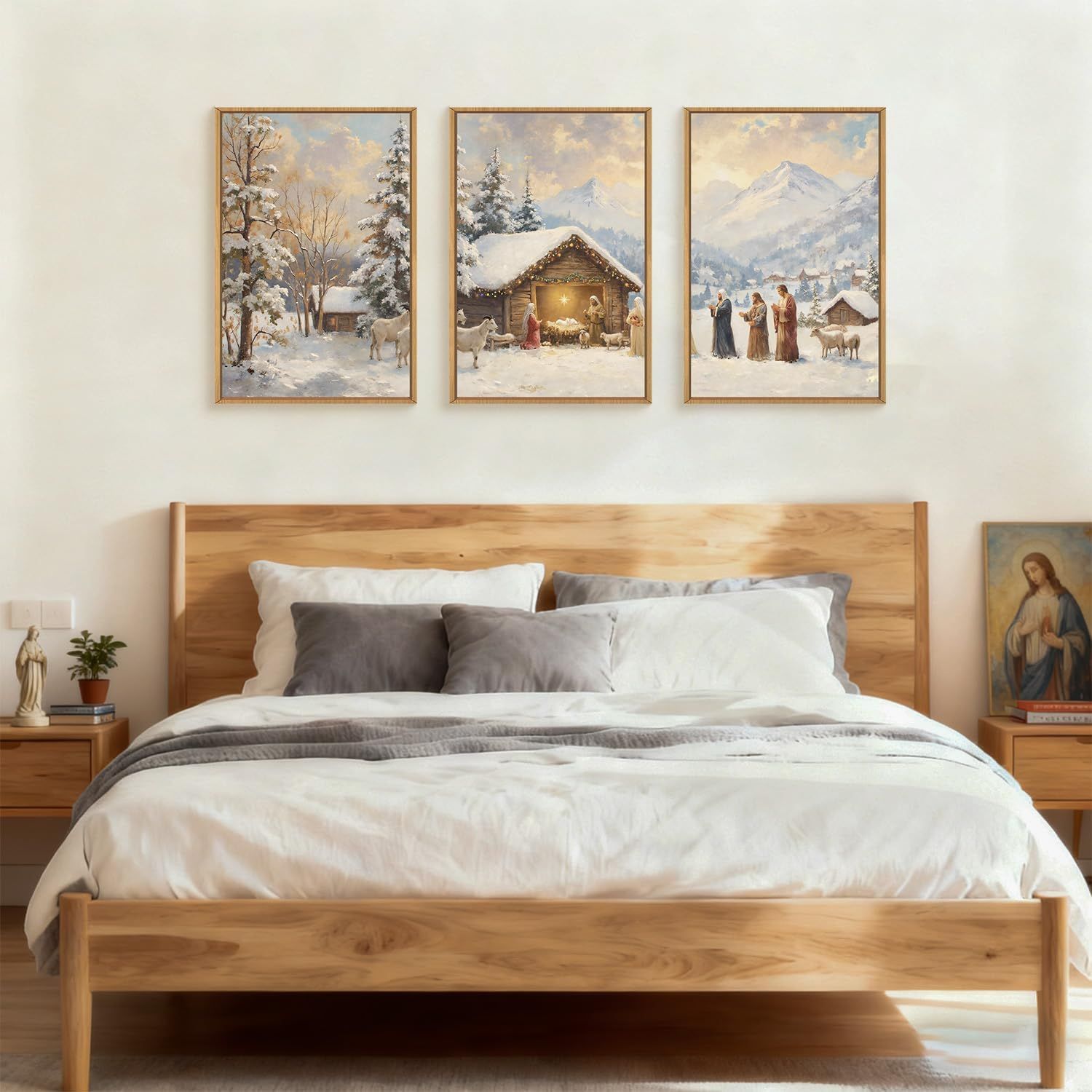 Demonstrates how the product (framed artwork) looks when displayed in a real-world bedroom environment, helping shoppers visualize the product in their own home.
