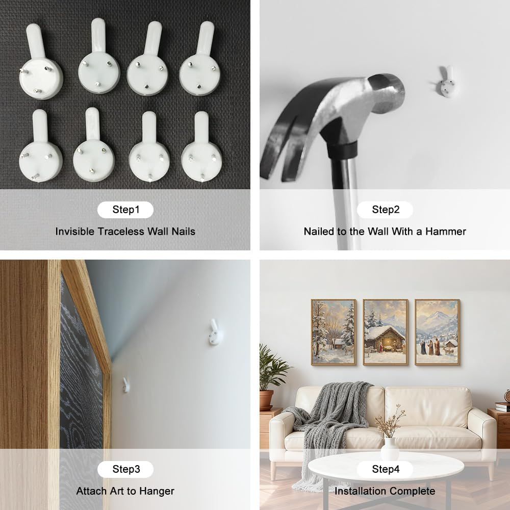 Provides step-by-step visual instructions showing shoppers how to install invisible traceless wall nails and hang artwork, demonstrating ease of use and building confidence in the installation…