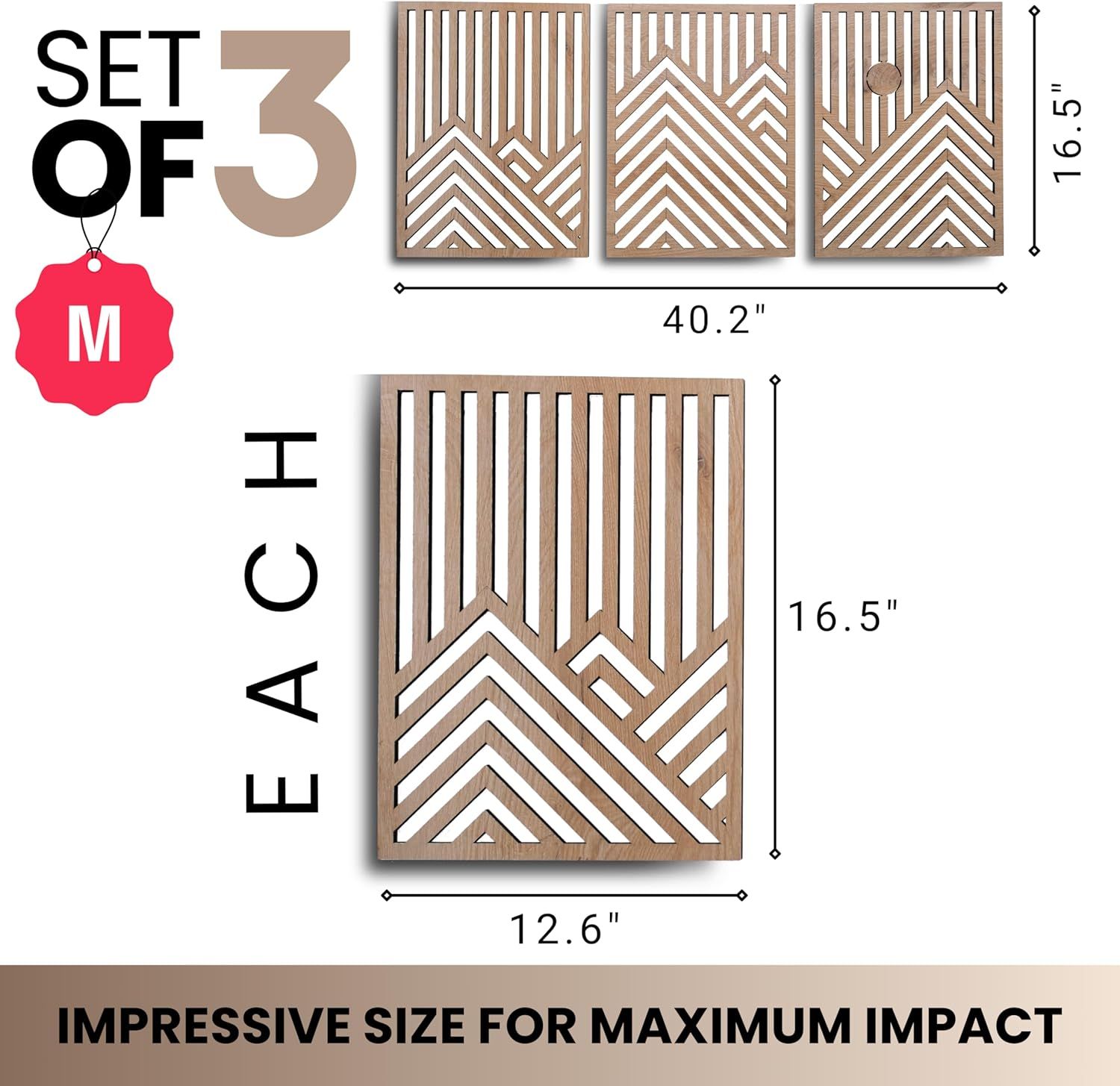 Communicates the exact physical dimensions of the decorative wall art panels (both as a set of 3 and individually) to help shoppers understand the size and visual impact on their walls. Emphasizes…