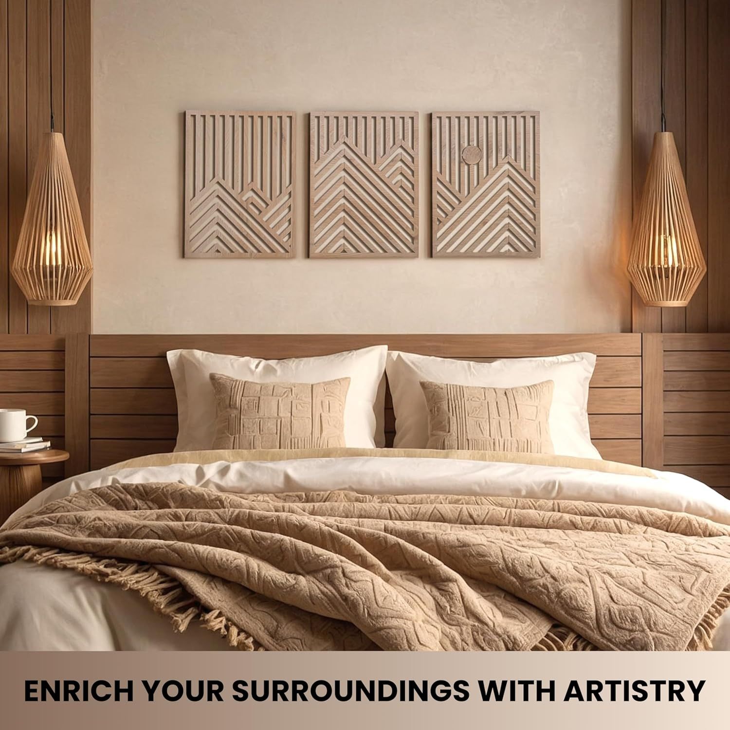 Demonstrates the product (wall art panels) in a real-world bedroom environment to help shoppers visualize how it would look in their own space.