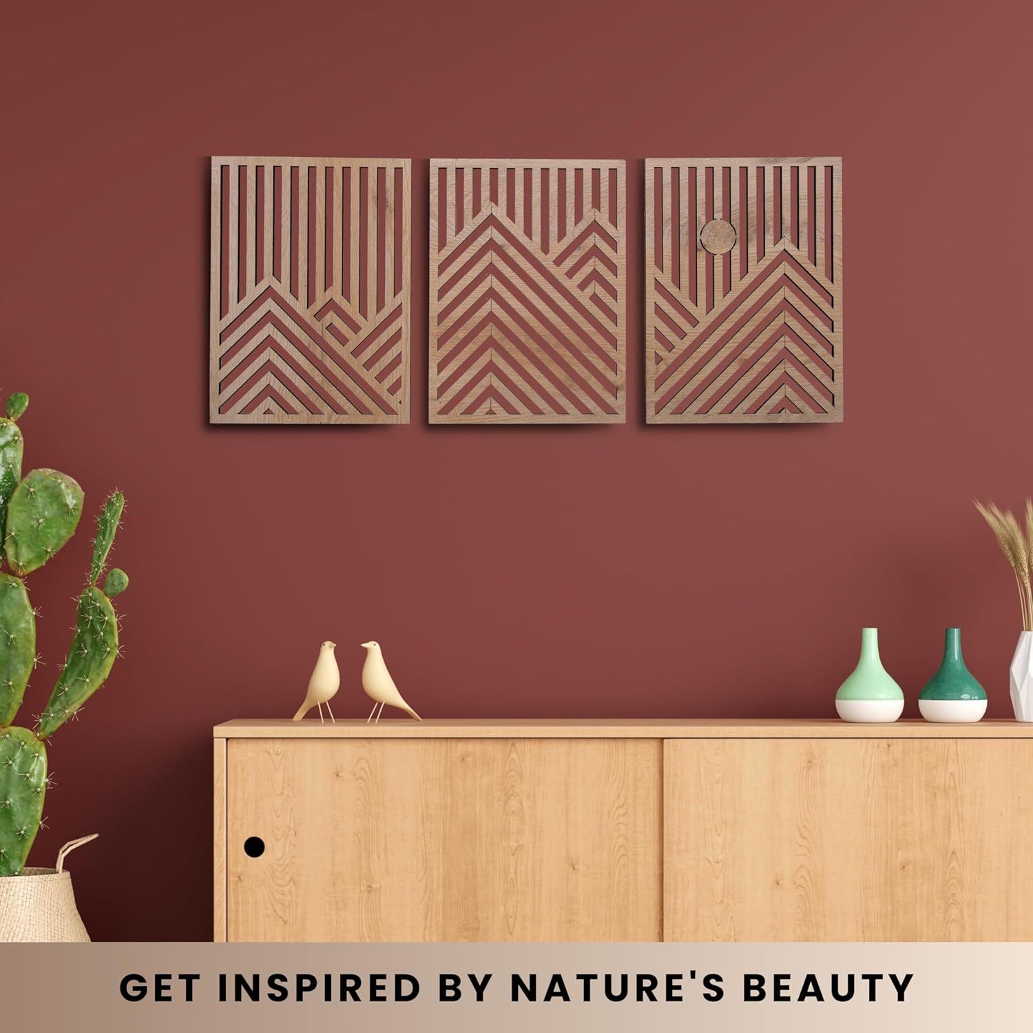 Showcases the product (decorative wall art panels) in a styled home environment to help shoppers visualize how it would look in their own space.