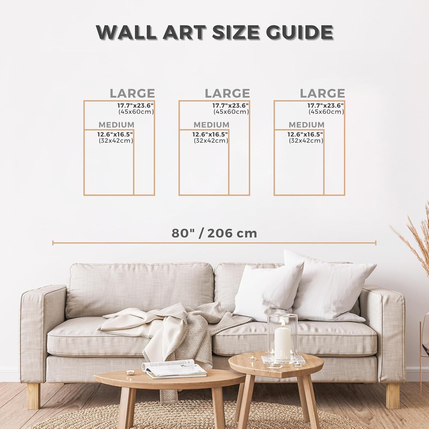 Helps shoppers visualize the appropriate wall art size for their space by showing exact dimensions and how different sizes would look above a sofa in a real room setting.
