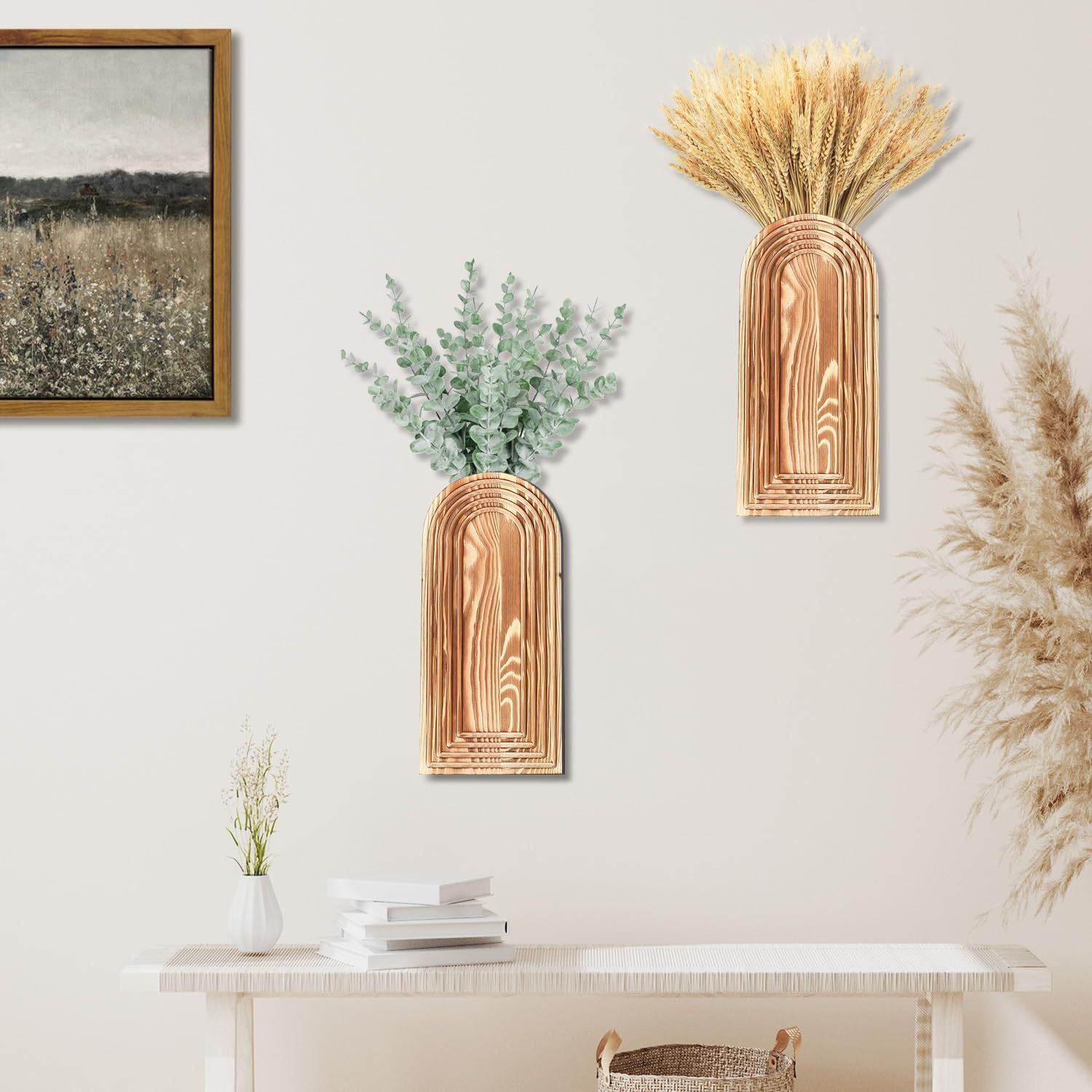 Demonstrates how the wall-mounted vases look when styled in a real home environment to help shoppers visualize the product in their own space.