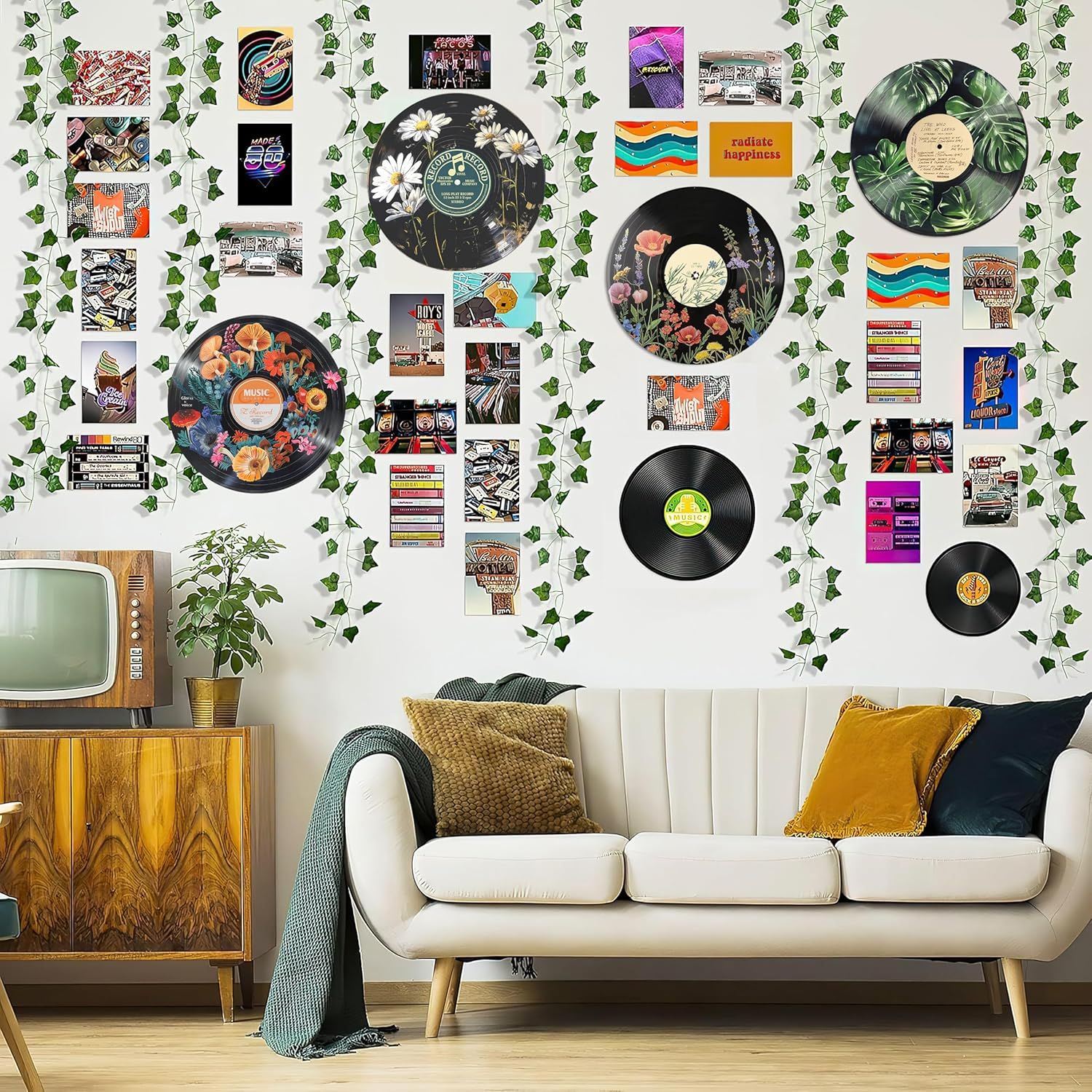 Demonstrates how the vinyl record wall art products can be used to create a vibrant, personalized retro-themed living space, inspiring shoppers to envision the product in their own homes.