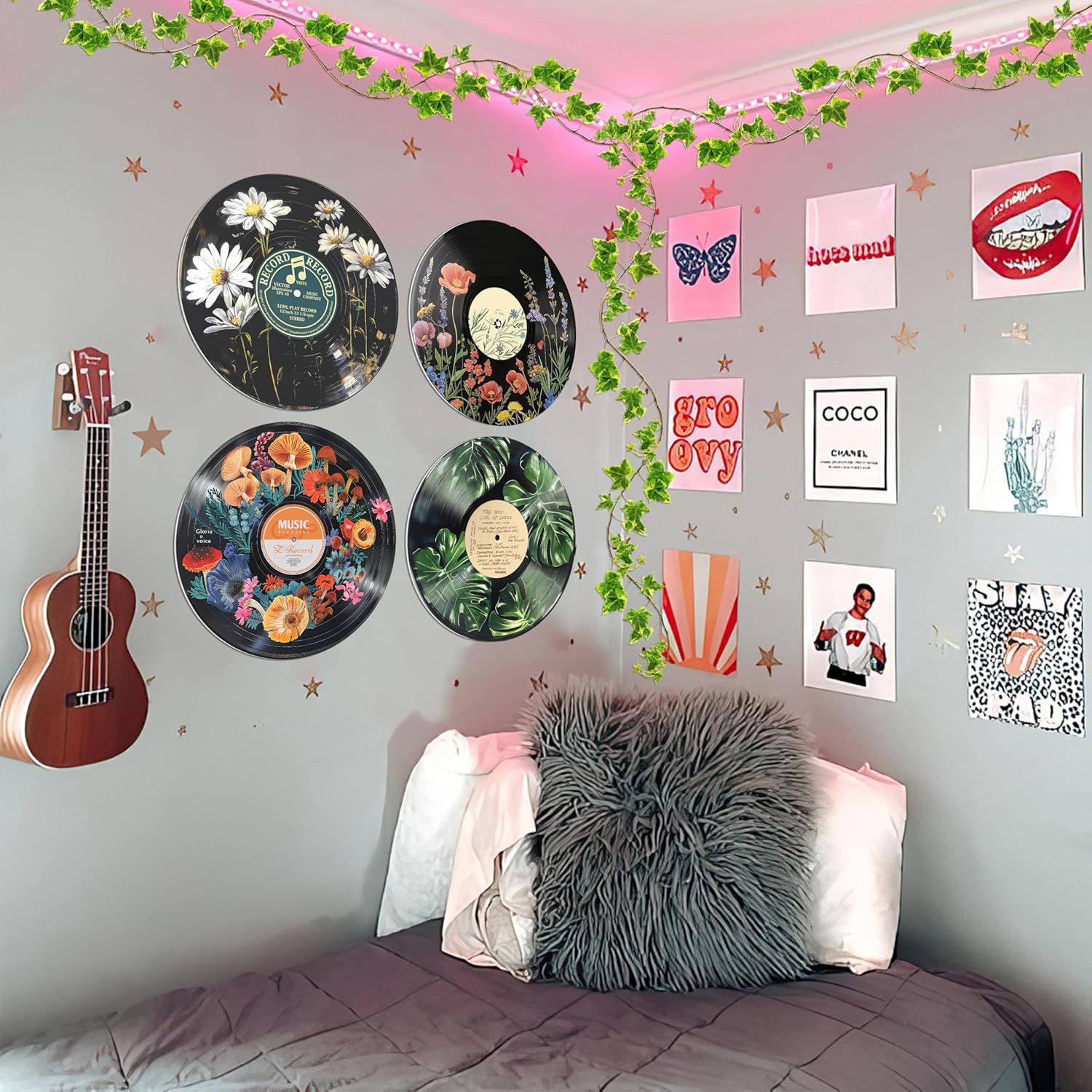 Demonstrates how the product (decorative vinyl records) looks when displayed in a real bedroom setting, helping shoppers visualize the aesthetic appeal and styling possibilities in their own space.