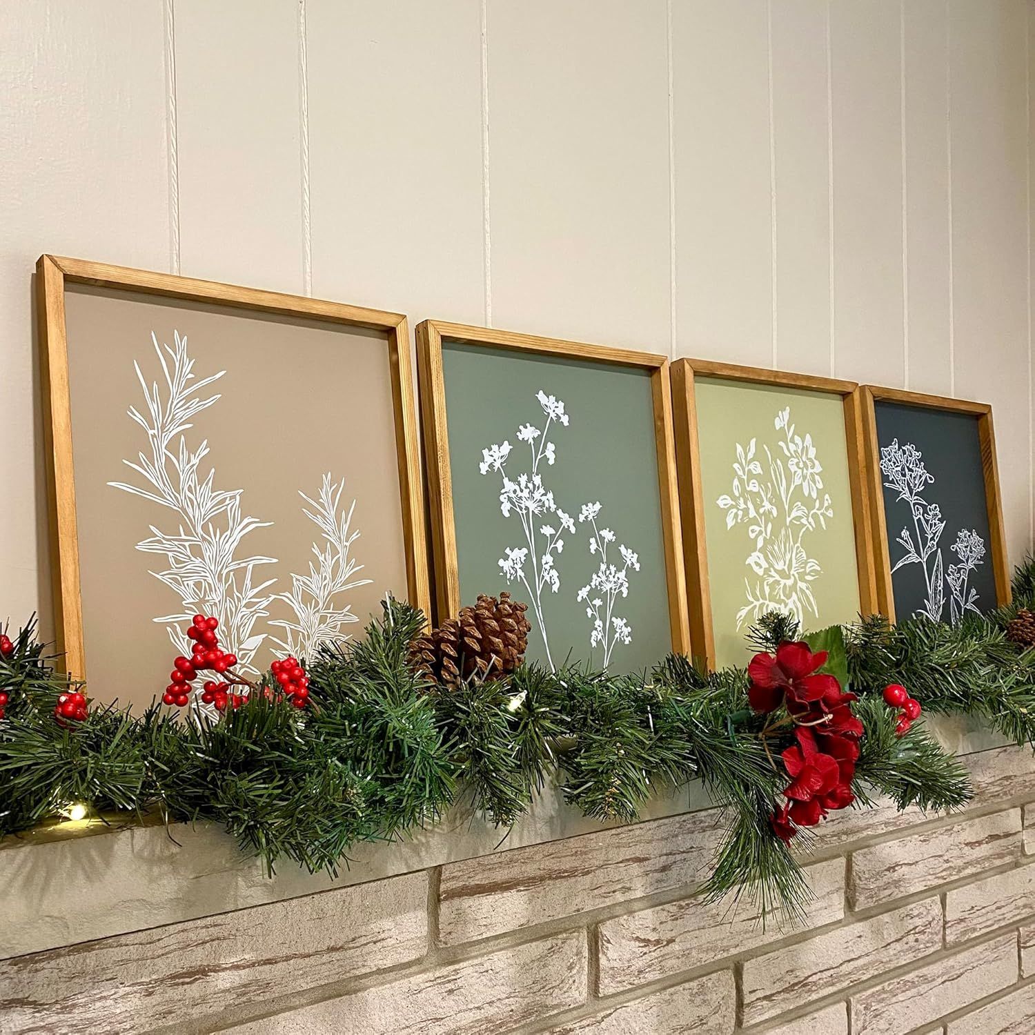 Positions the framed botanical art prints as seasonal home decor items, perfect for holiday gifting or festive home styling during Christmas. Shows the product in a real-world home setting to help…