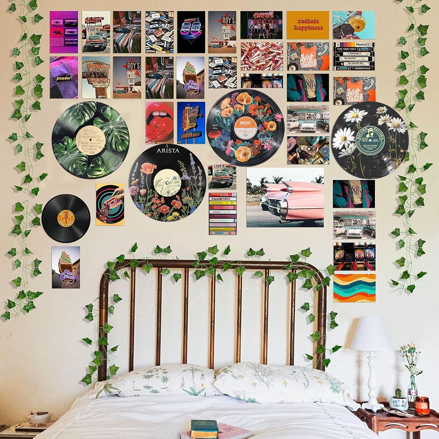 Demonstrates how the product (vinyl records and prints) can be used as decorative wall art in a real-world bedroom setting, inspiring shoppers with styling ideas.