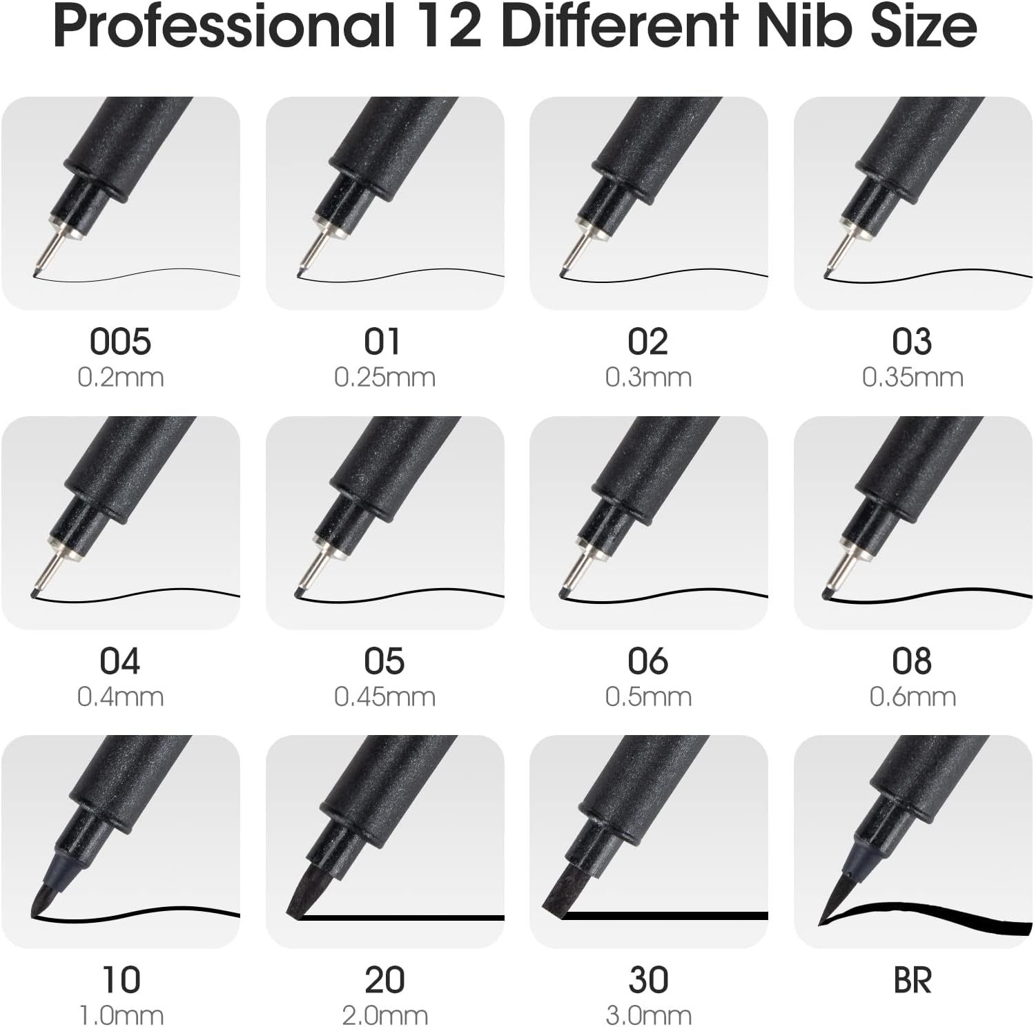 Showcases the brand's complete range of 12 different nib sizes to help shoppers understand the variety available and choose the right option for their needs.