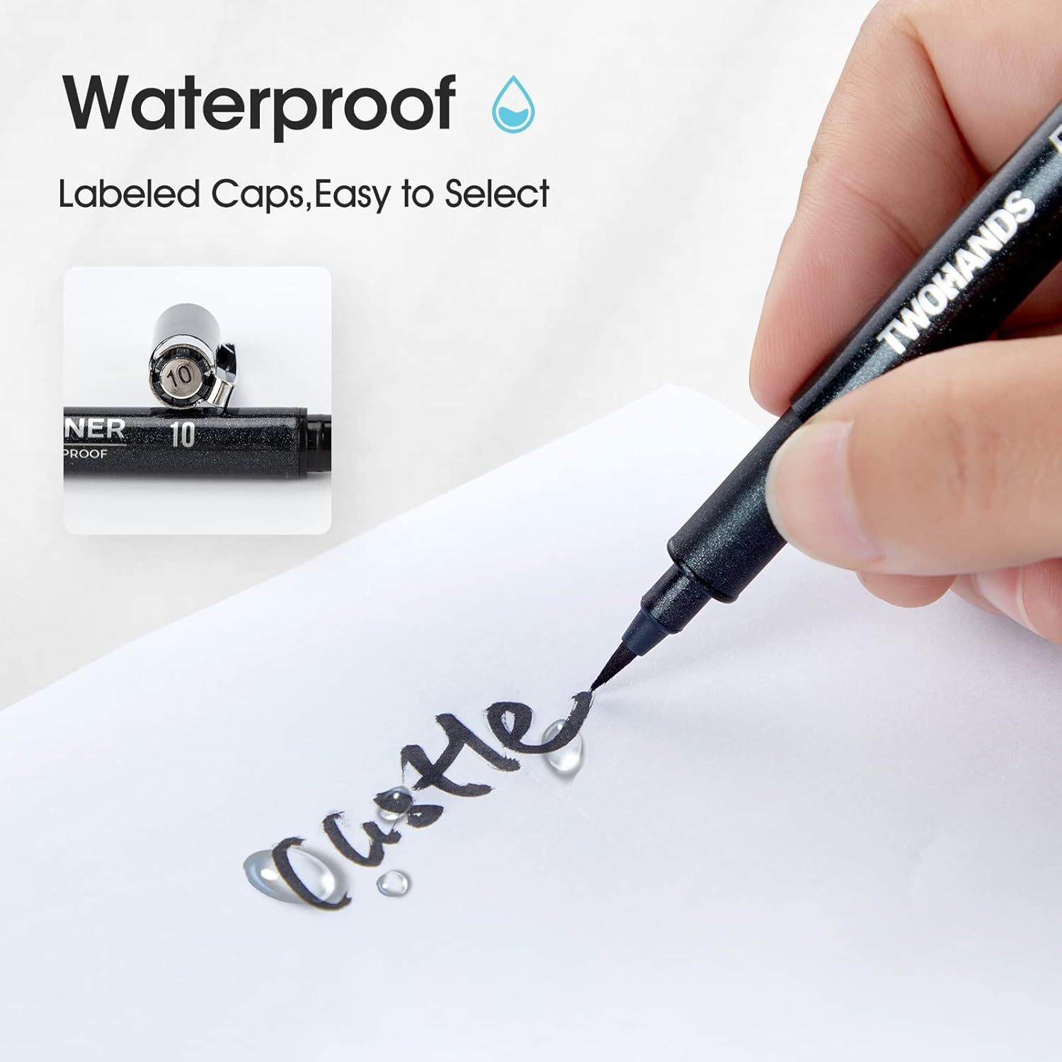 Highlights the waterproof feature of the product and the convenience of labeled caps for easy selection, reassuring shoppers that the product is durable and user-friendly.
