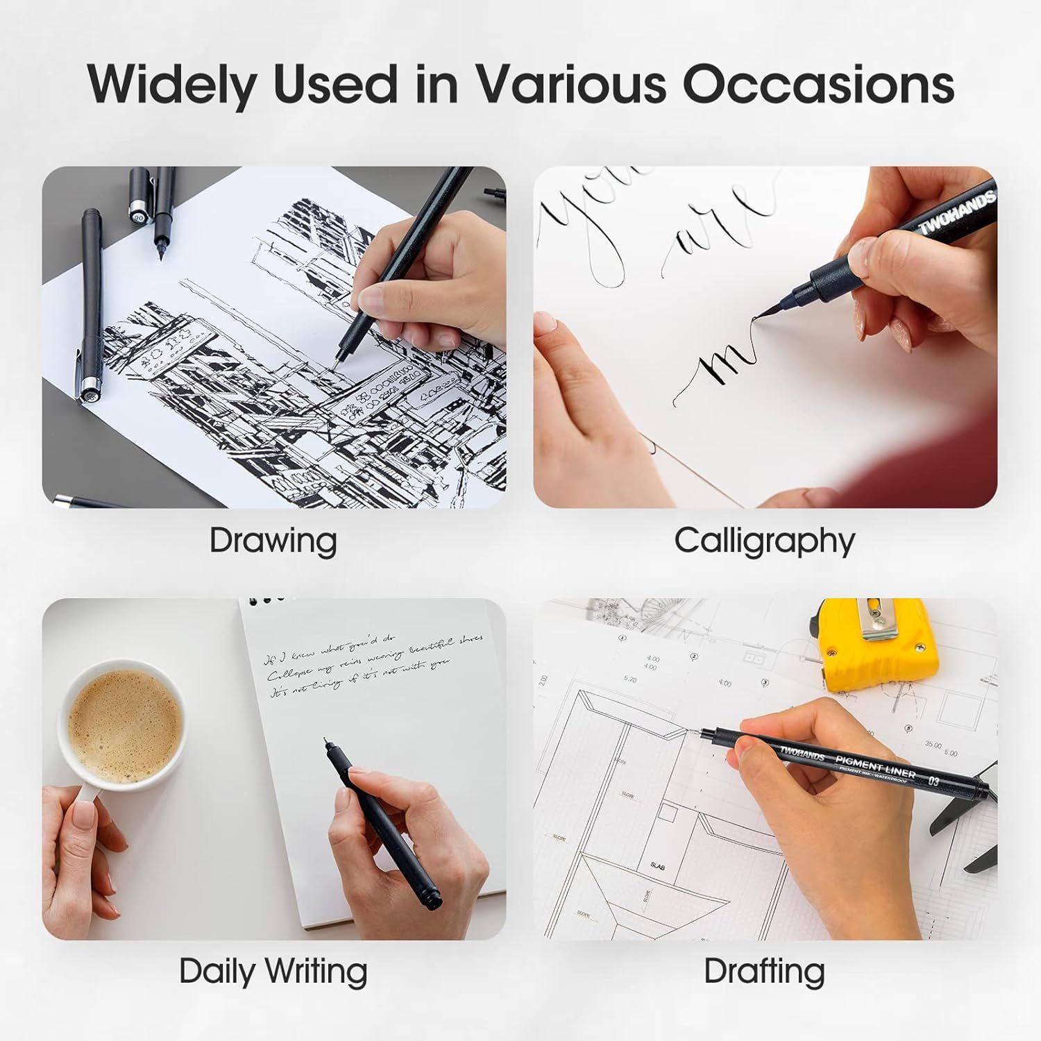 Demonstrates the versatility of the pen product by showing it can be used across multiple creative and professional scenarios, reassuring shoppers of its wide-ranging utility.
