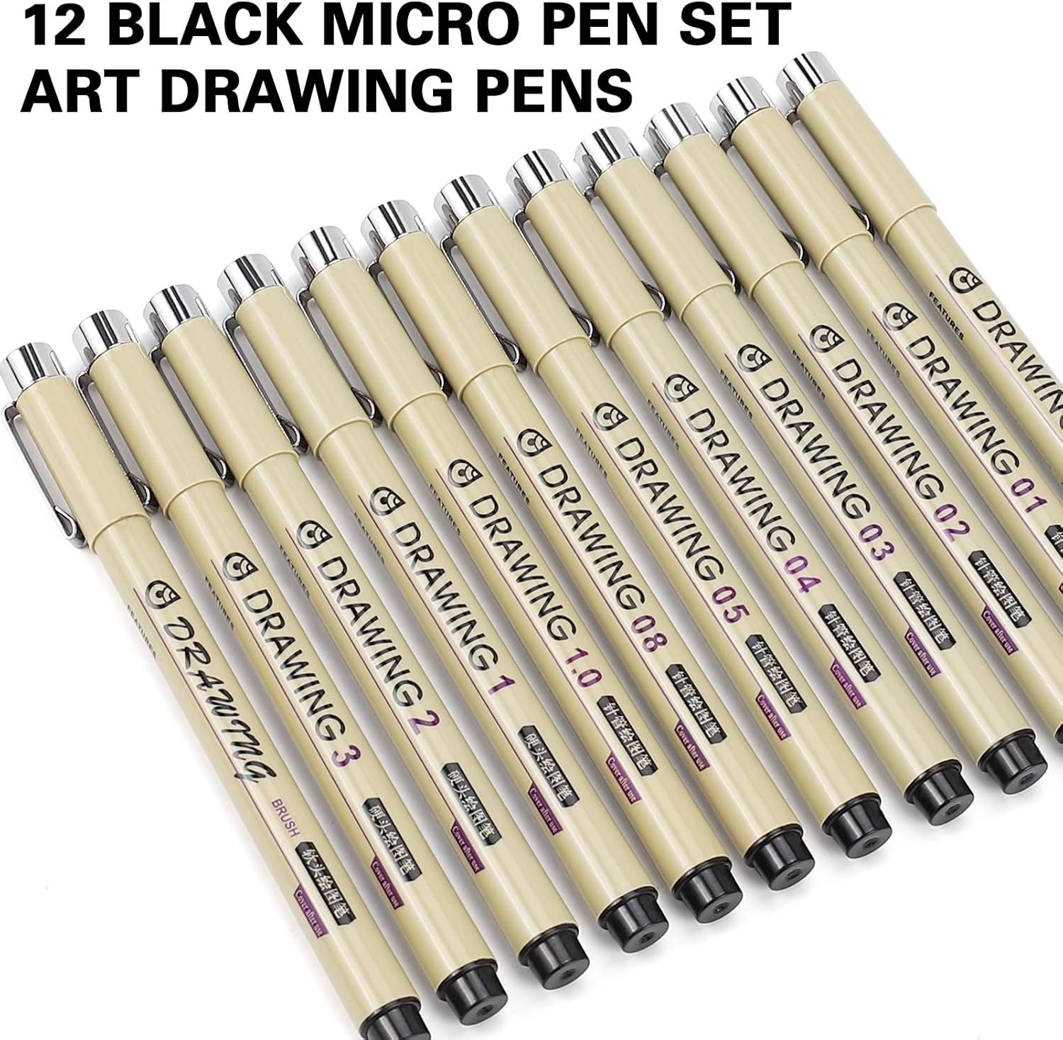 Shows the complete set of 12 micro pens with different tip sizes that the customer receives, helping them understand the variety and value of the bundle.