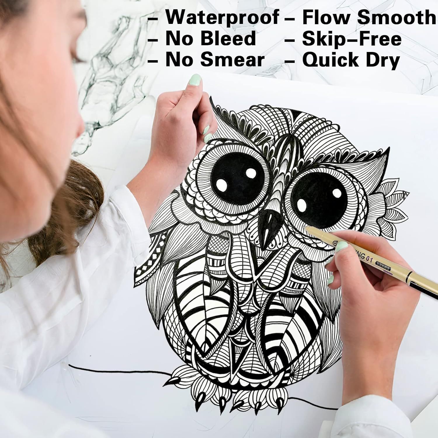 Communicates multiple performance benefits of the pen/marker to reassure shoppers that it delivers professional-quality results for detailed artwork without common ink problems.