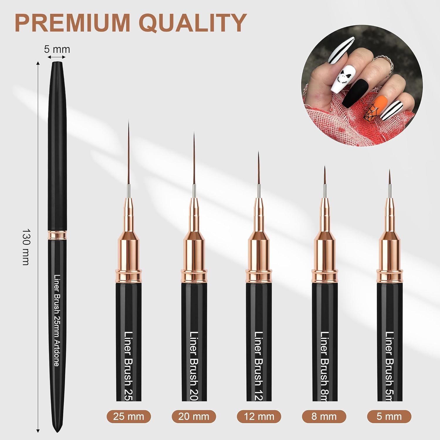 Shows the exact physical dimensions of the nail art liner brushes (130mm length, 5mm width) and the varying tip sizes (25mm, 20mm, 12mm, 8mm, 5mm) to help shoppers understand the precise sizing and…