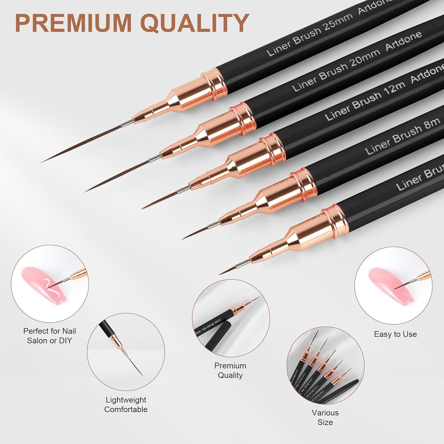 Showcases multiple distinct benefits of the nail liner brush set through segmented circular callouts, highlighting quality, versatility, comfort, ease of use, and size variety to appeal to both…
