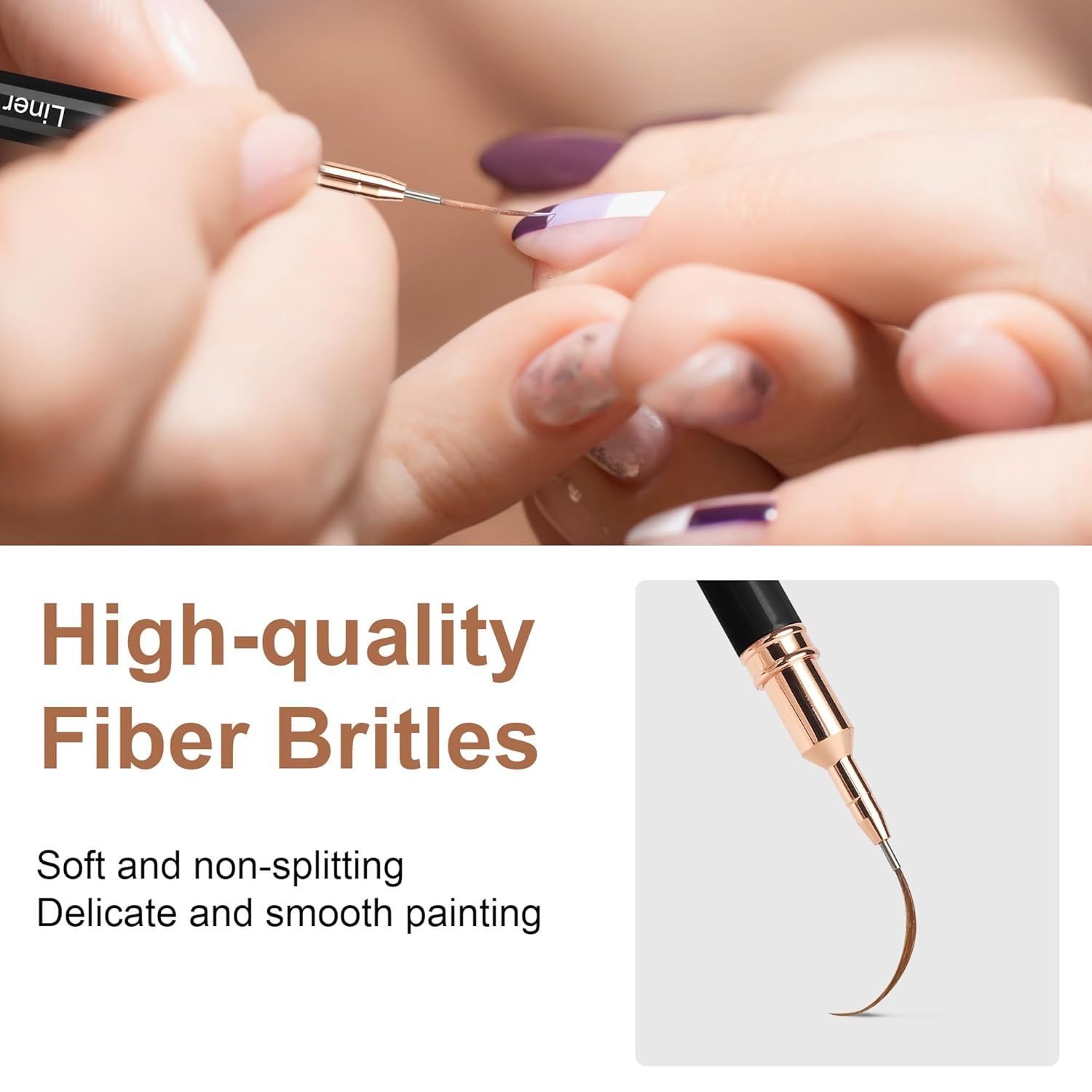 Highlights the quality and performance of the nail art brush bristles, reassuring shoppers that the tool enables precise, smooth application without splitting.