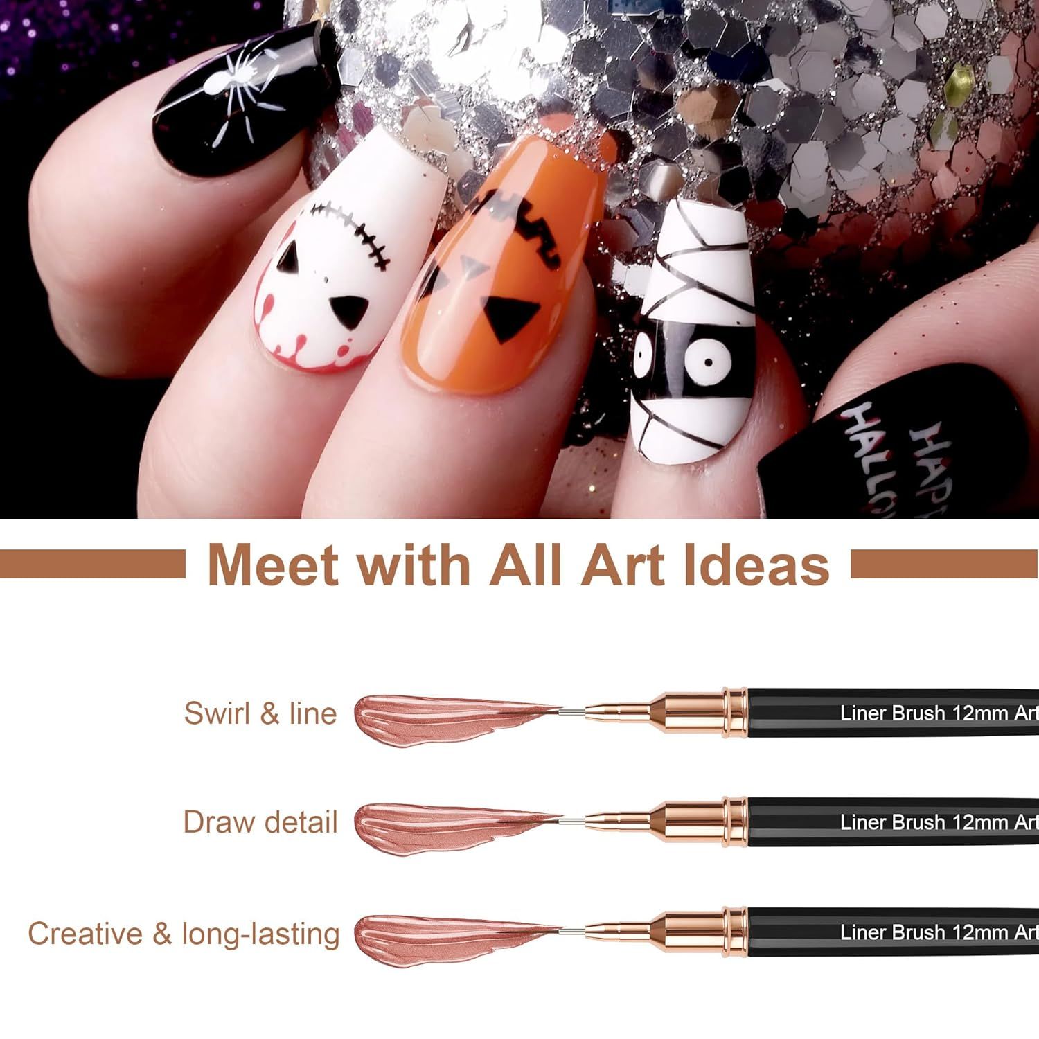 Demonstrates how to use the liner brush to create detailed nail art designs, showing the product's versatility for swirling, detailing, and creating long-lasting creative designs. Showcases multiple…