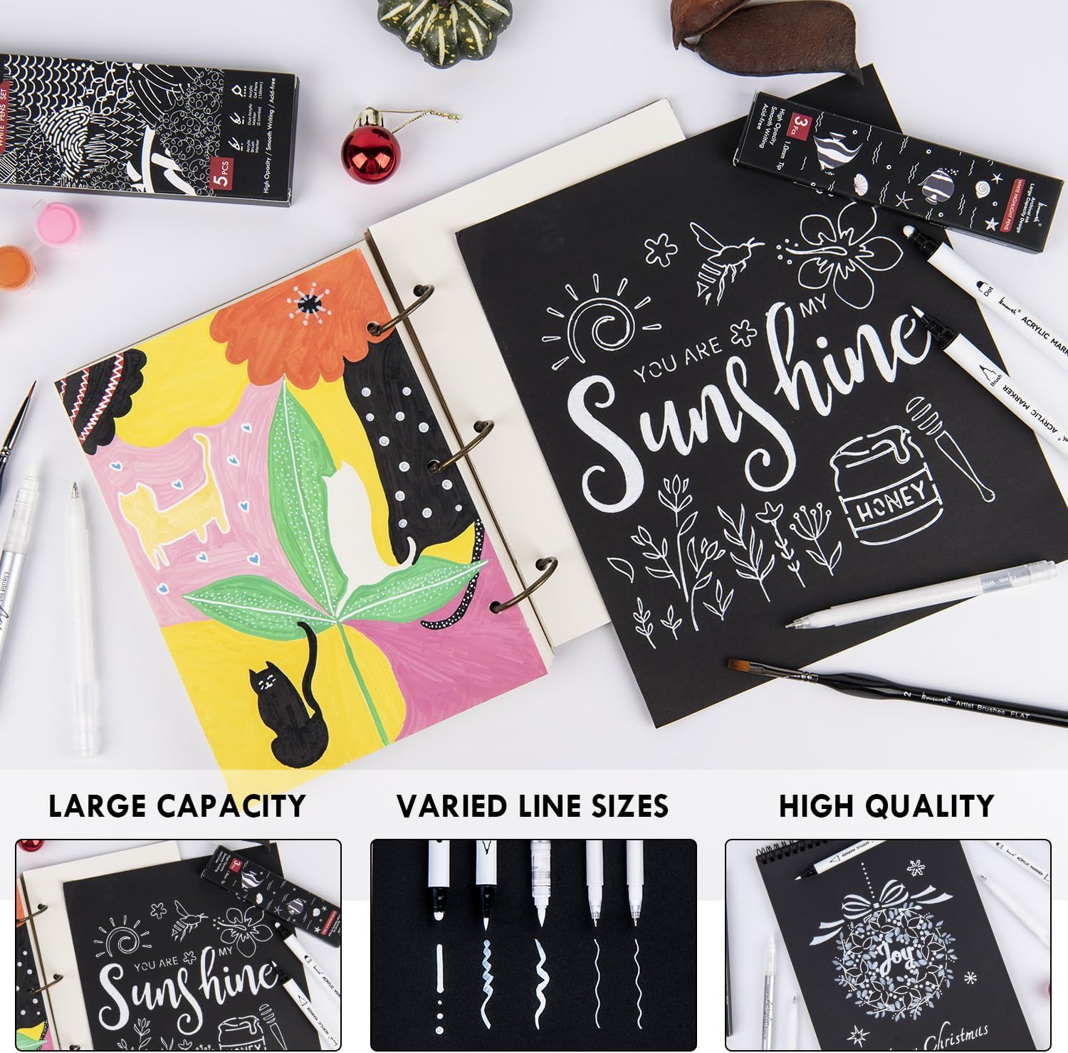 Communicates three distinct product benefits in a segmented layout: the large capacity for storing artwork, the variety of pen line sizes available, and the high quality of the materials for…