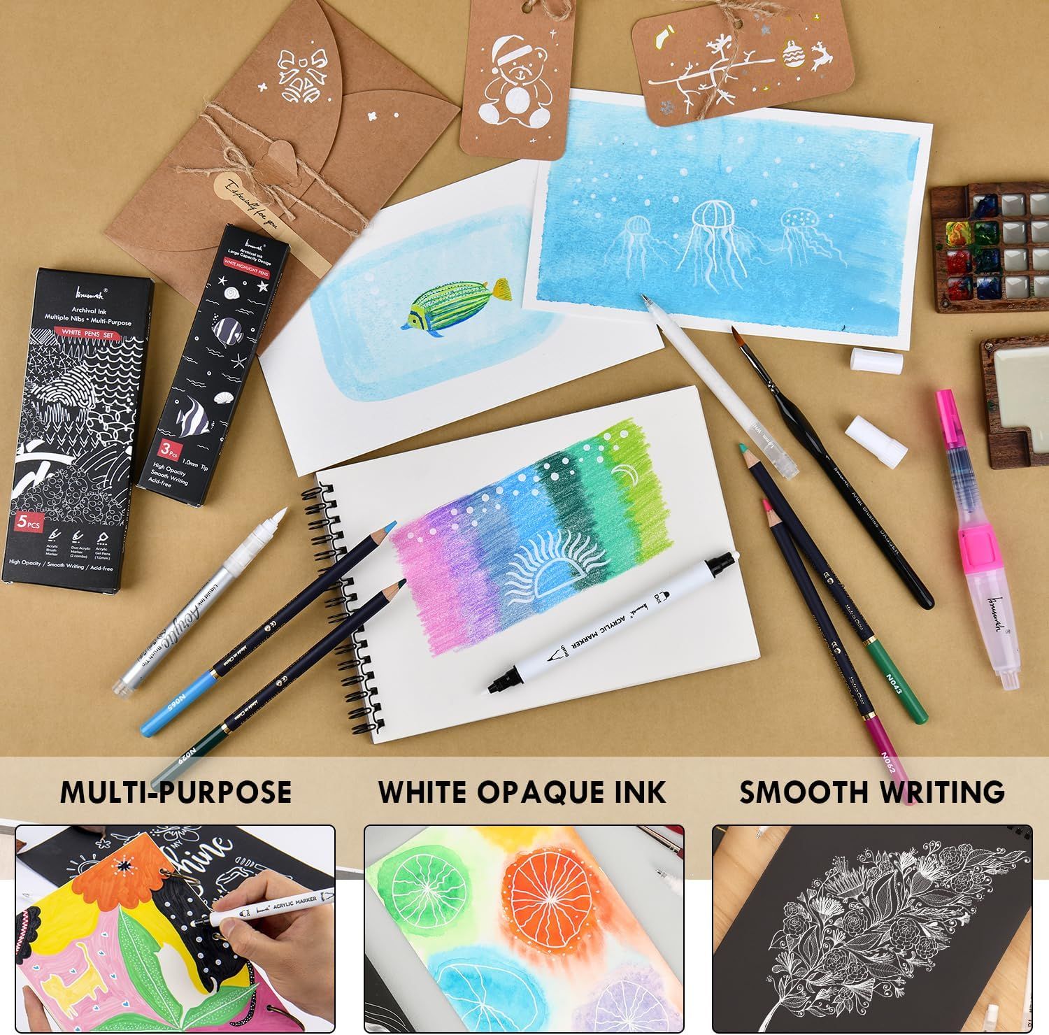 Communicates three distinct product benefits in a segmented layout: versatility for multiple art applications, opaque white ink capability for dark surfaces, and smooth writing performance. Designed…