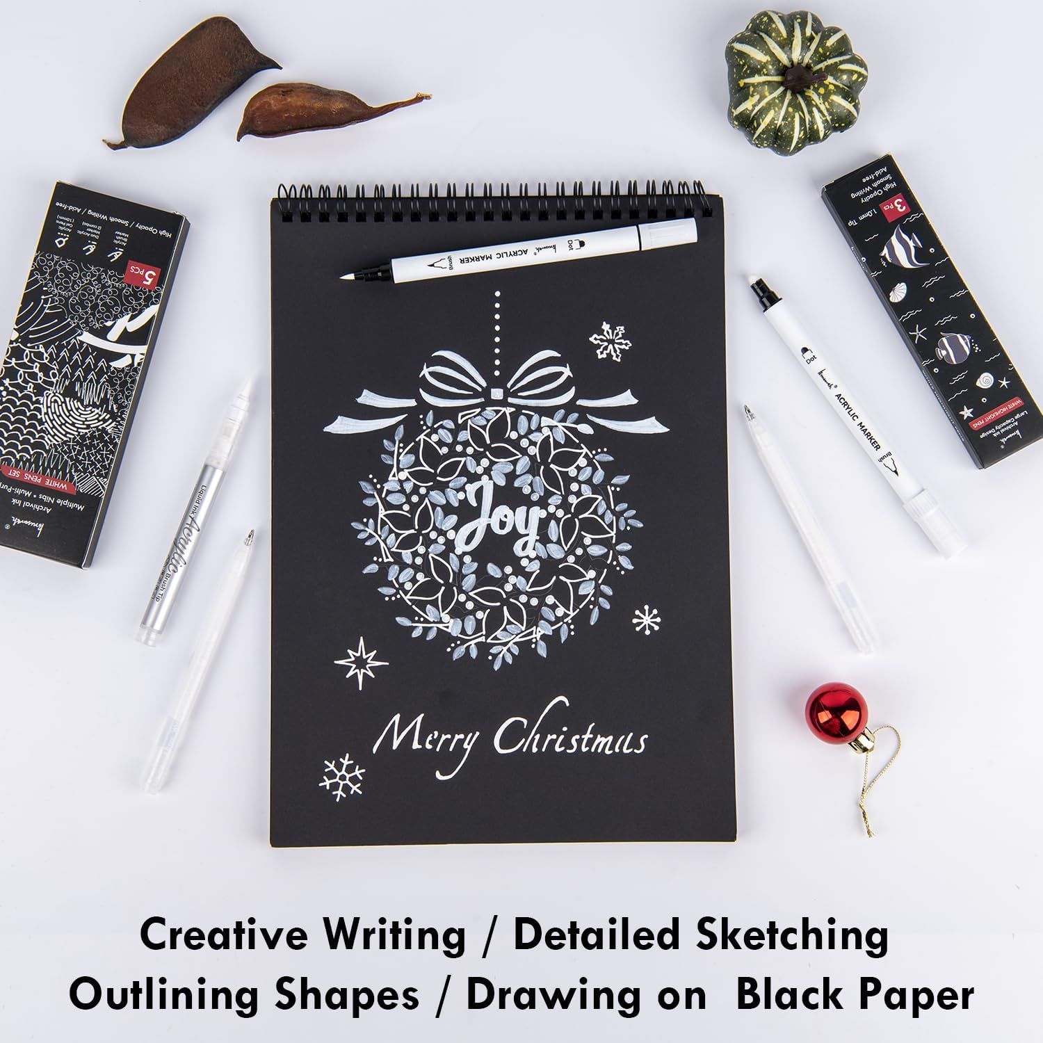 Demonstrates multiple use cases for the product (acrylic markers), showing they can be used for creative writing, detailed sketching, outlining shapes, and drawing on black paper to communicate…