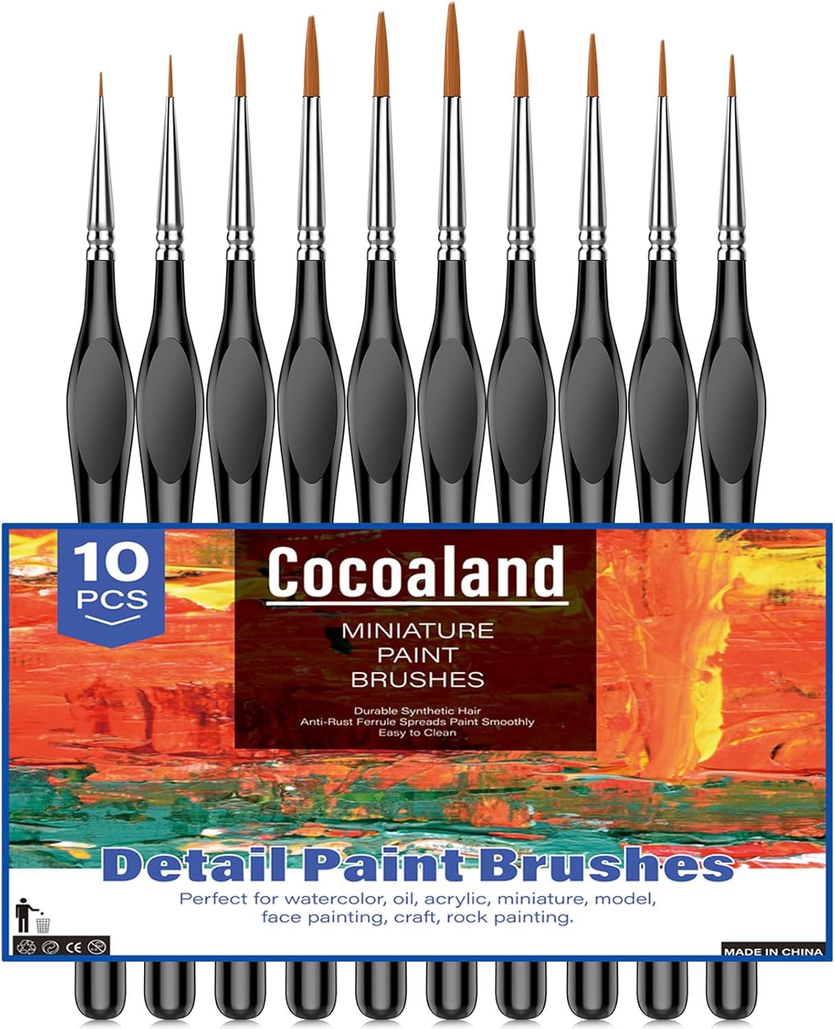 Shows the customer exactly what they receive in the package: a complete set of 10 miniature detail paint brushes with ergonomic handles. Demonstrates the versatility of the brushes by listing…