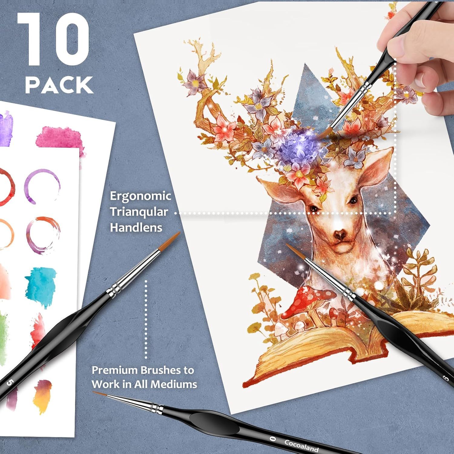 Communicates multiple selling benefits of the brush set including quantity, ergonomic design, and versatility across different art mediums to appeal to artists and hobbyists.