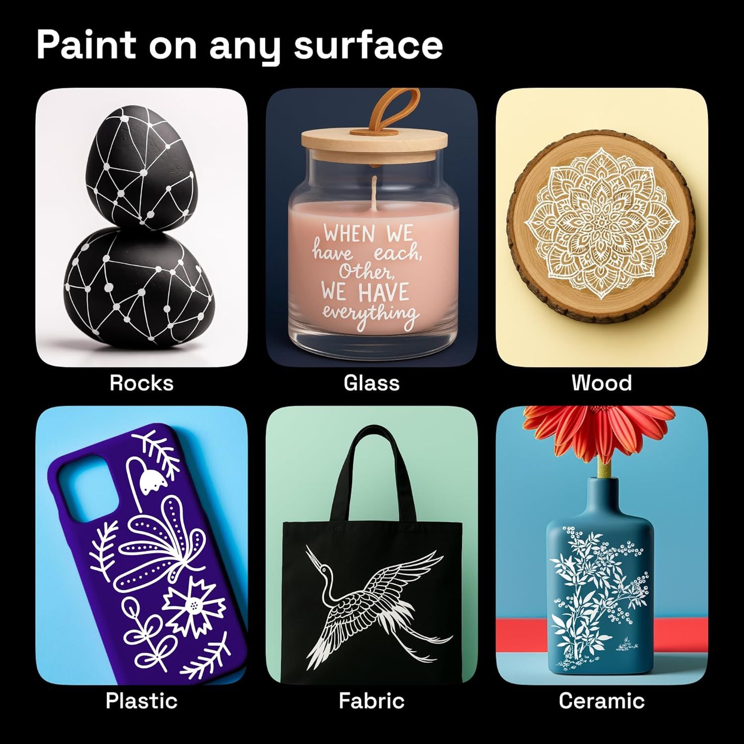 Demonstrates the product's versatility by showing it can be used on multiple different surfaces and materials, reassuring shoppers that it works across a wide range of creative projects.