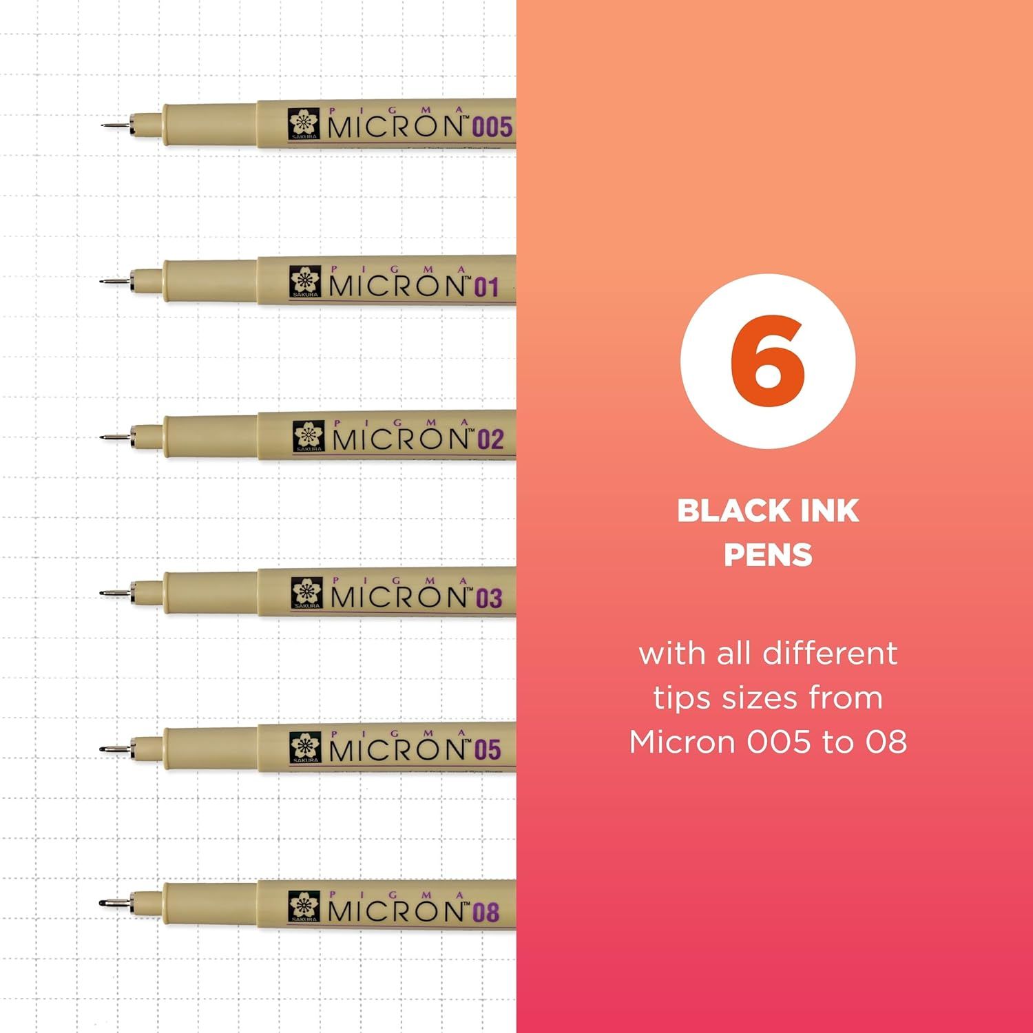 Displays the brand's product lineup of 6 black ink pens with different tip sizes (Micron 005 to 08) to help shoppers understand the variety available and choose the right option for their needs.