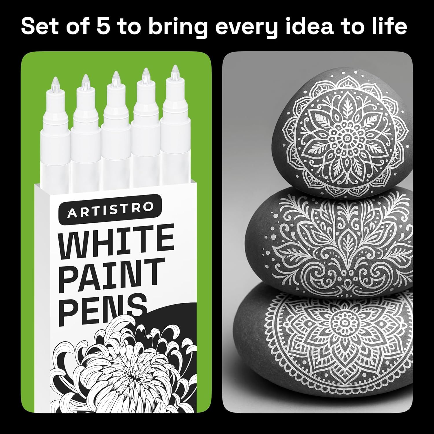 Shows the customer exactly what they receive in the package (5 white paint pens) and demonstrates the creative possibilities through example artwork on rocks. Demonstrates the product's versatility…