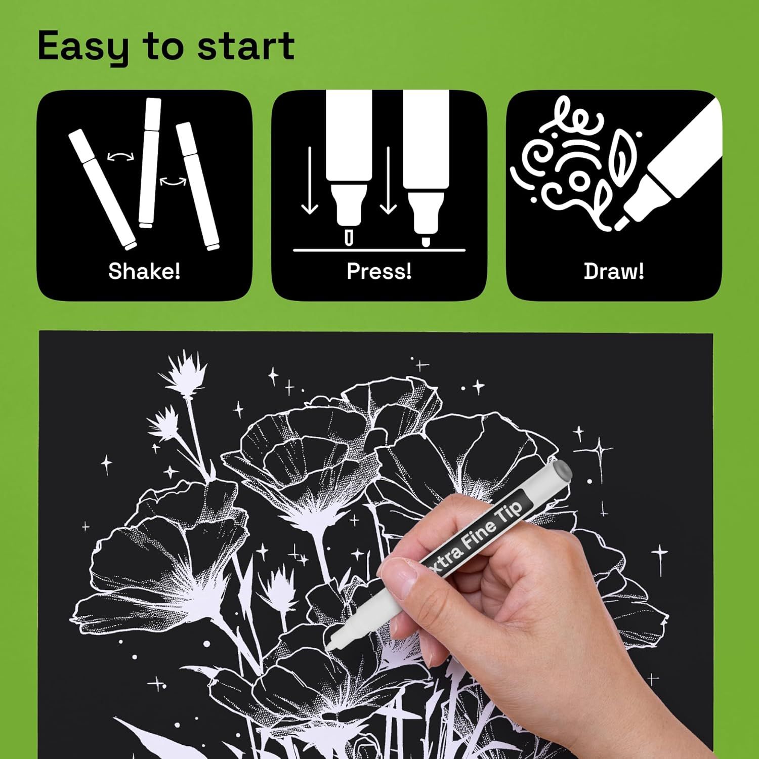 Demonstrates the simple three-step process (shake, press, draw) to use the marker product, reassuring shoppers that the product is easy to start and use.