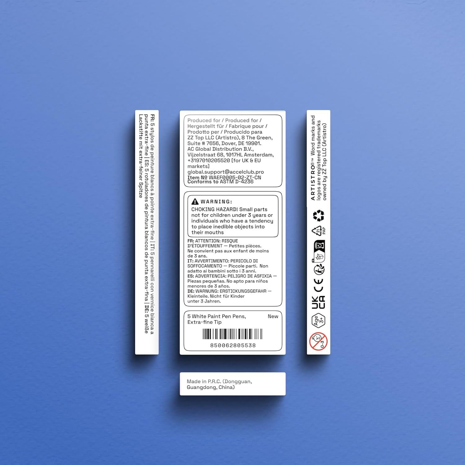 Shows the packaging labels and product information to inform shoppers about what is included in the package, safety warnings, certifications, and product specifications.