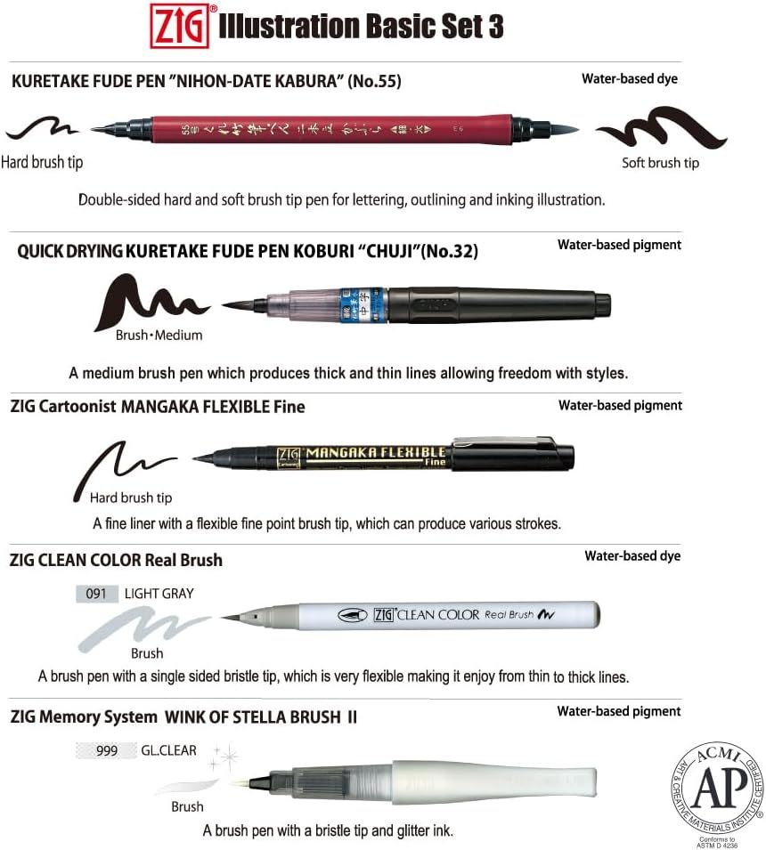 Displays the brand's illustration pen product lineup to help shoppers understand the variety of pen options available and their specific features and uses.