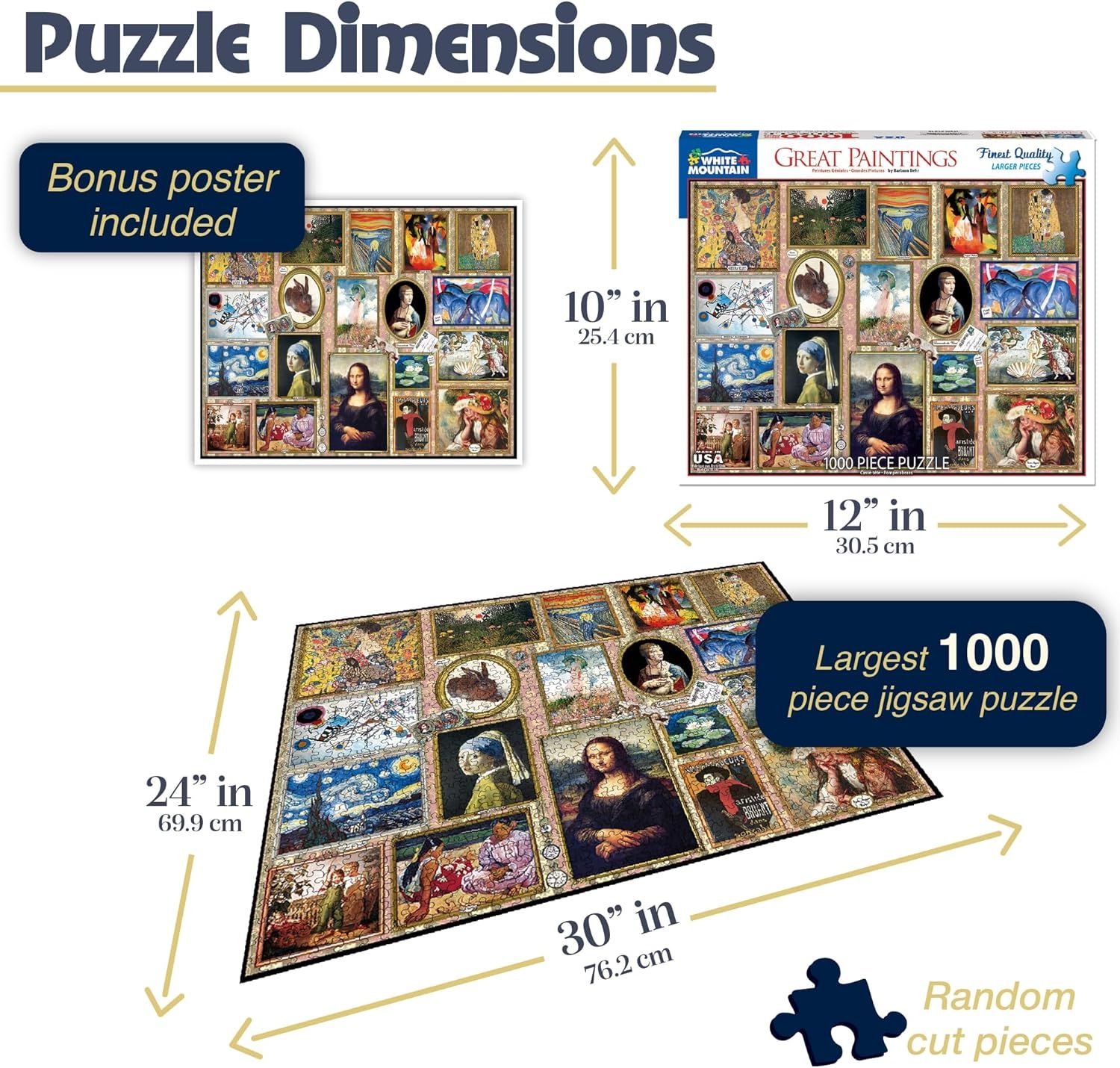 Communicates the exact physical dimensions of both the puzzle box and the completed puzzle to help shoppers understand the product's size before purchase. Highlights multiple selling points…