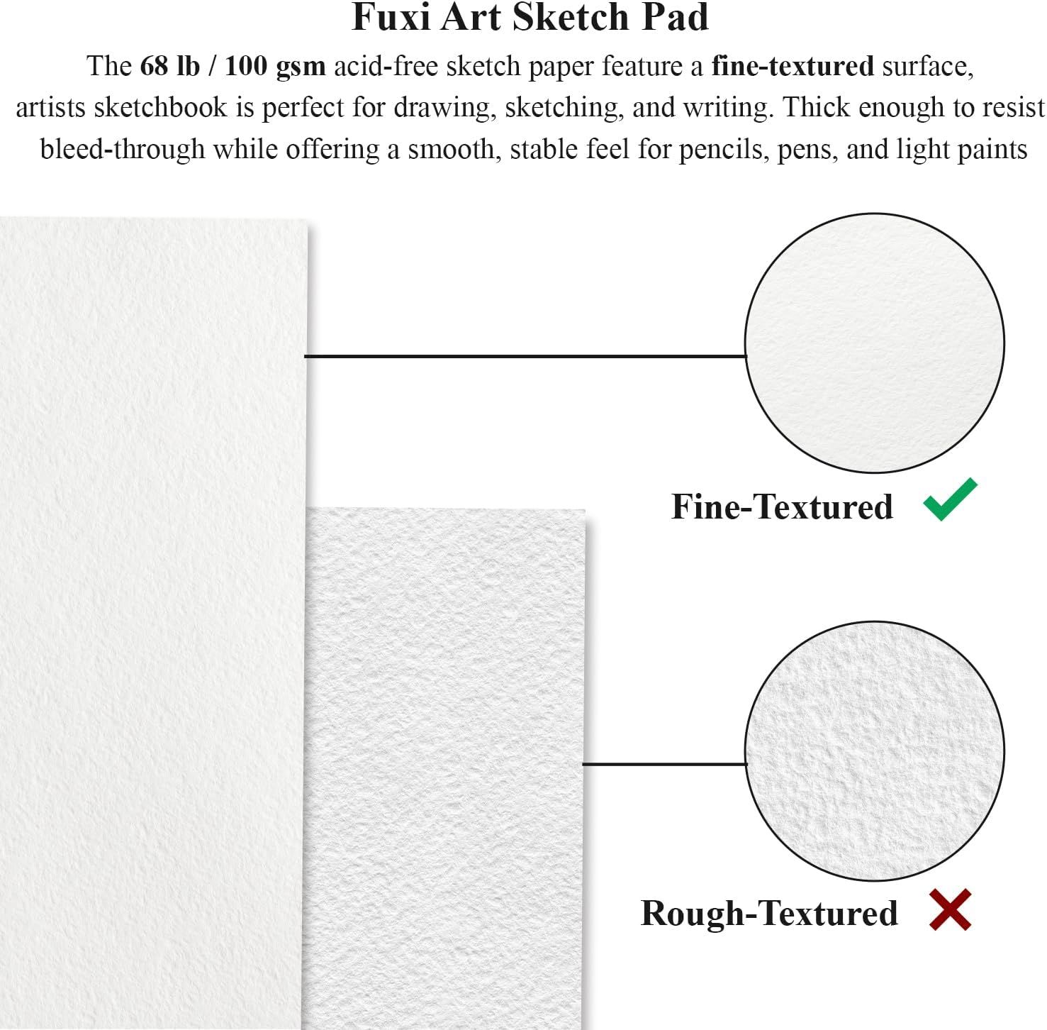 Demonstrates that this sketch pad features a fine-textured surface (marked with a green checkmark) as opposed to a rough-textured alternative (marked with a red X), reassuring artists they're…