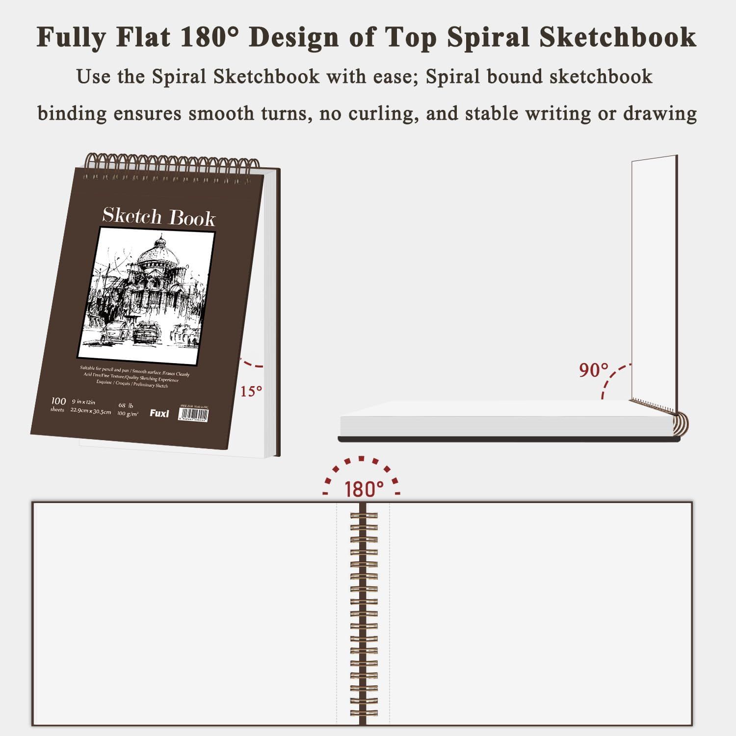 Demonstrates the sketchbook's unique 180-degree flat-lay capability and spiral binding design, reassuring shoppers that pages will lie flat for smooth, stable drawing and writing without curling.