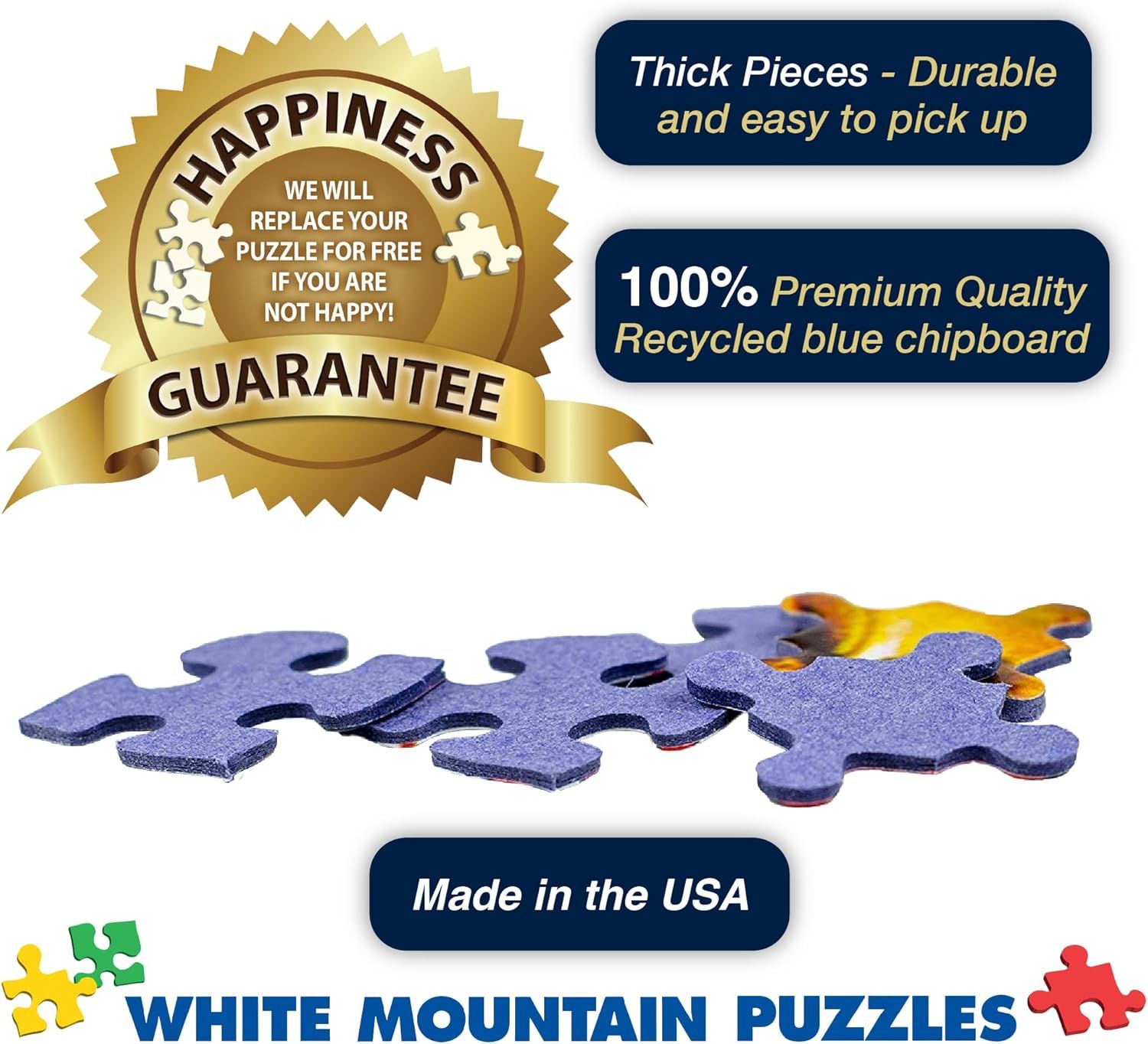 Communicates multiple distinct selling benefits of the puzzle product including durability, material quality, manufacturing origin, and customer satisfaction guarantee to build confidence and trust…