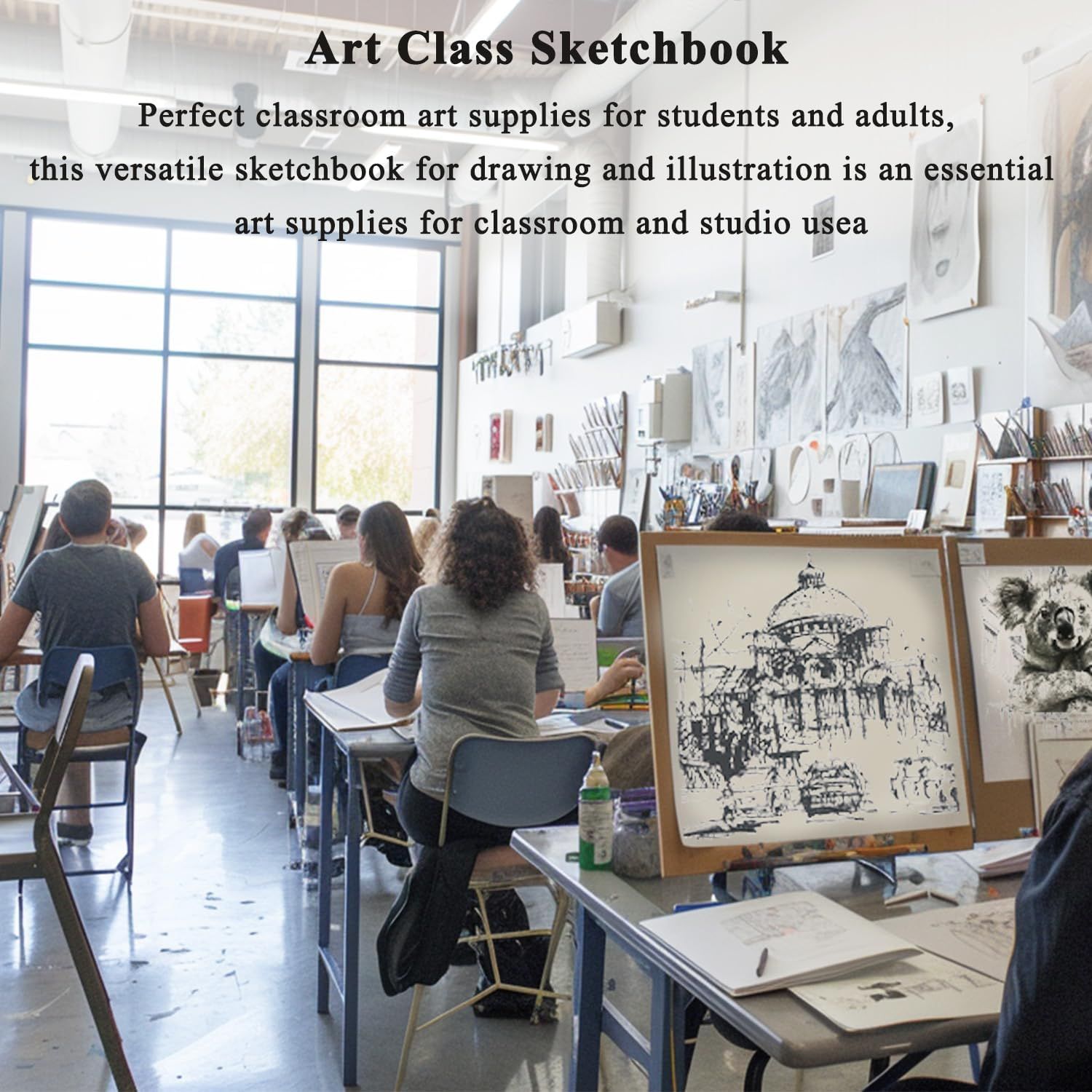Demonstrates the sketchbook's versatility by showing it in use across multiple real-world educational settings, reassuring shoppers that it's suitable for both students and adults in classroom and…