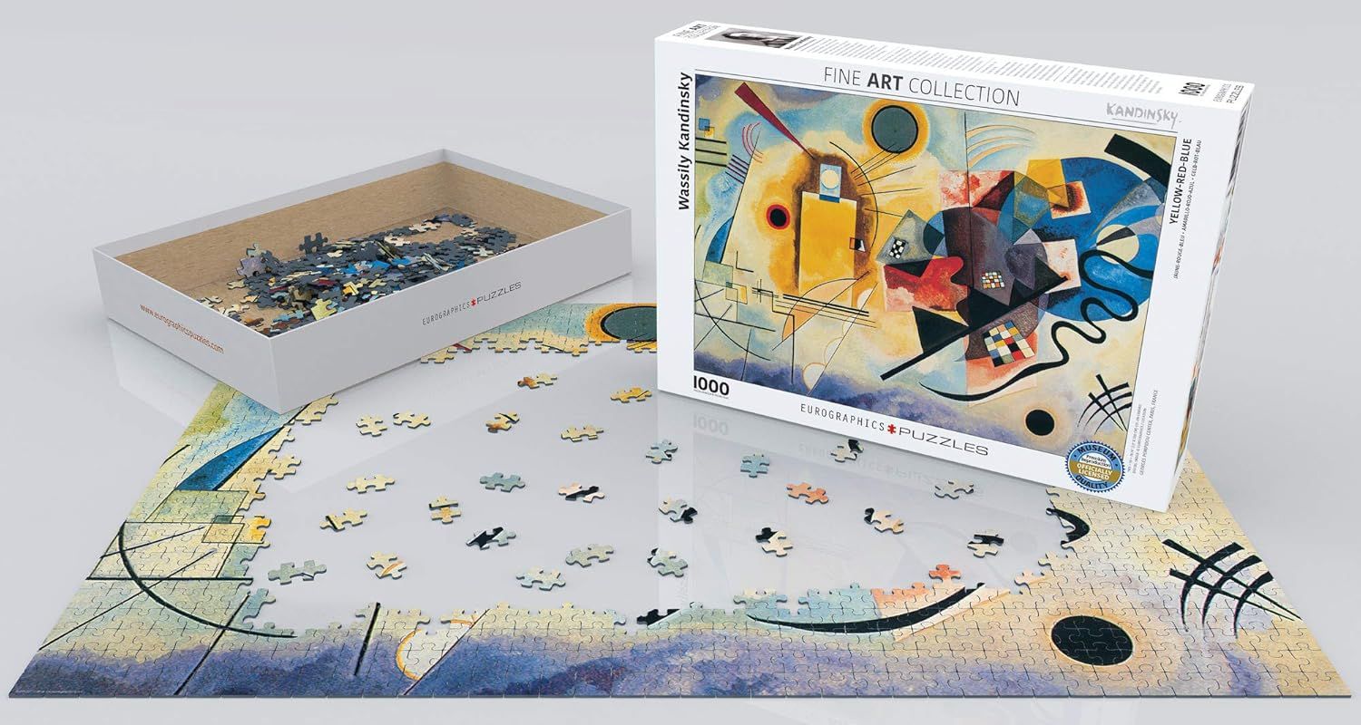 Shows the customer everything included in the purchase: the puzzle box, loose pieces, storage tray, and completed puzzle reference to demonstrate the complete package and what to expect.
