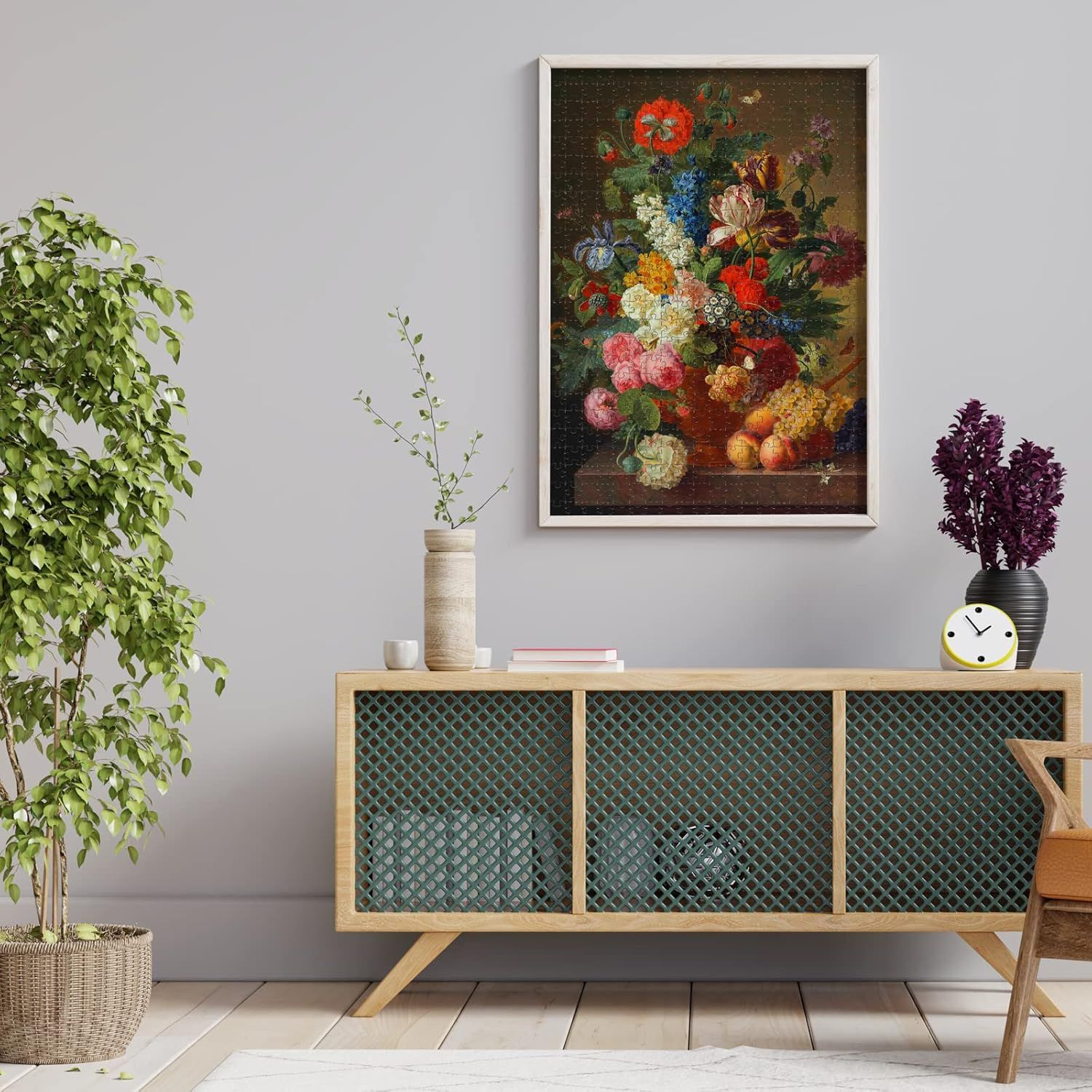 Demonstrates how the framed artwork looks when displayed in a real home environment, helping shoppers visualize the product in their own living space.