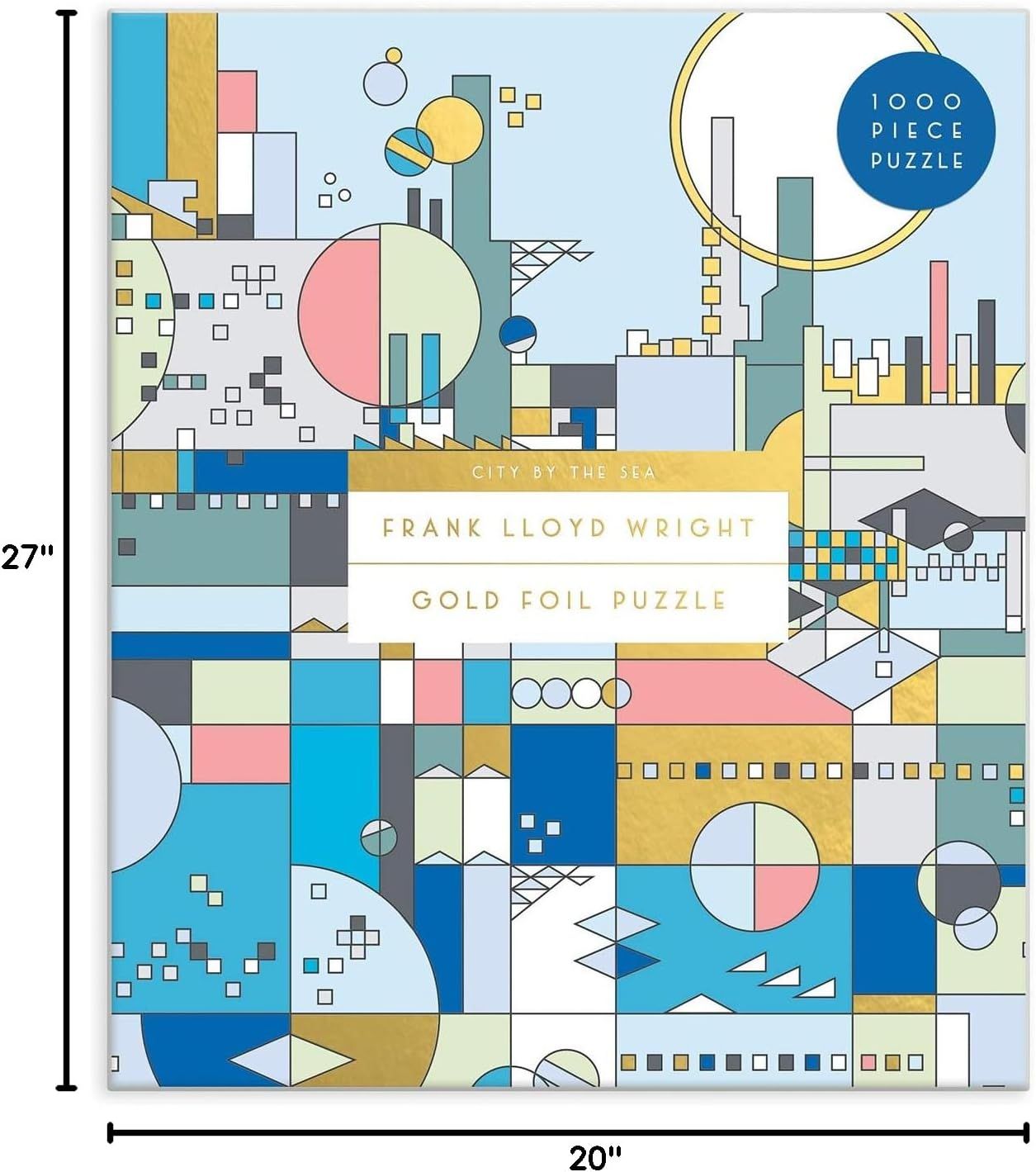 Shows the complete puzzle product with its design, size, and key features (1000 pieces, gold foil, Frank Lloyd Wright 'City by the Sea' theme) to help shoppers understand what they're purchasing.