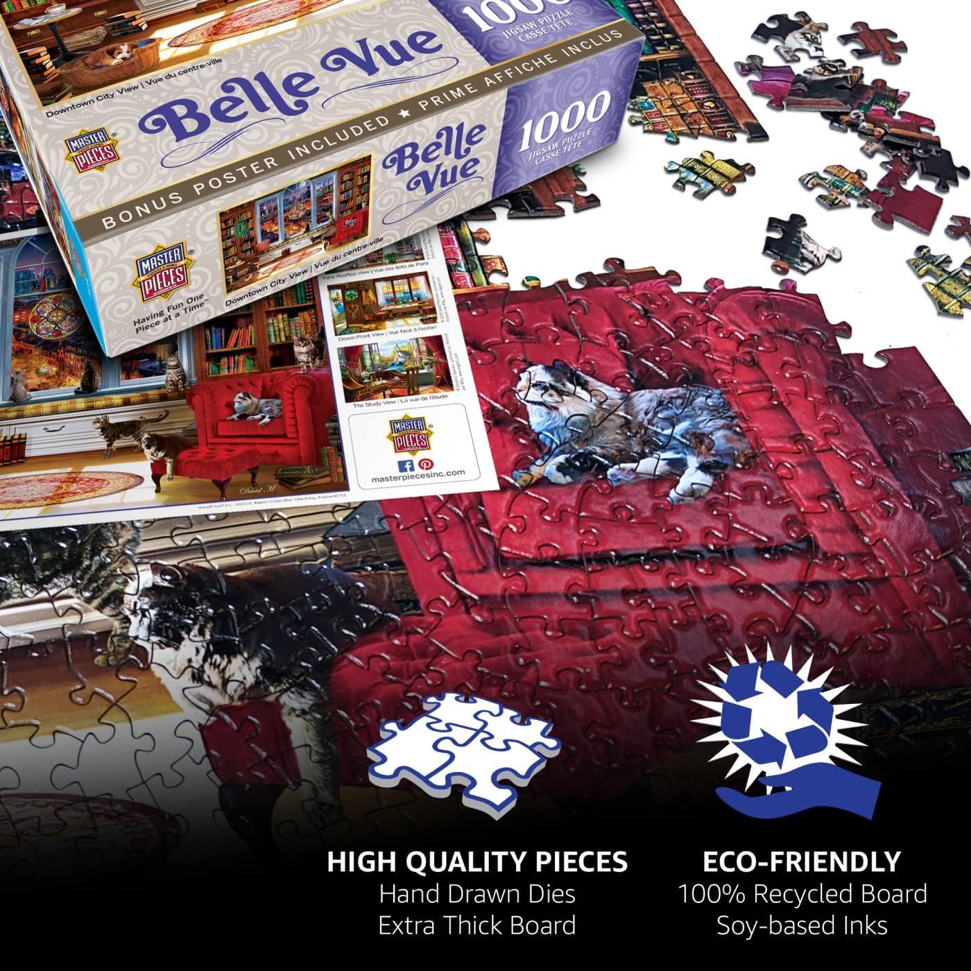 Shows the customer everything included in the package—the puzzle box, puzzle pieces, and bonus poster—to communicate the complete value of the purchase. Highlights the product's environmental…