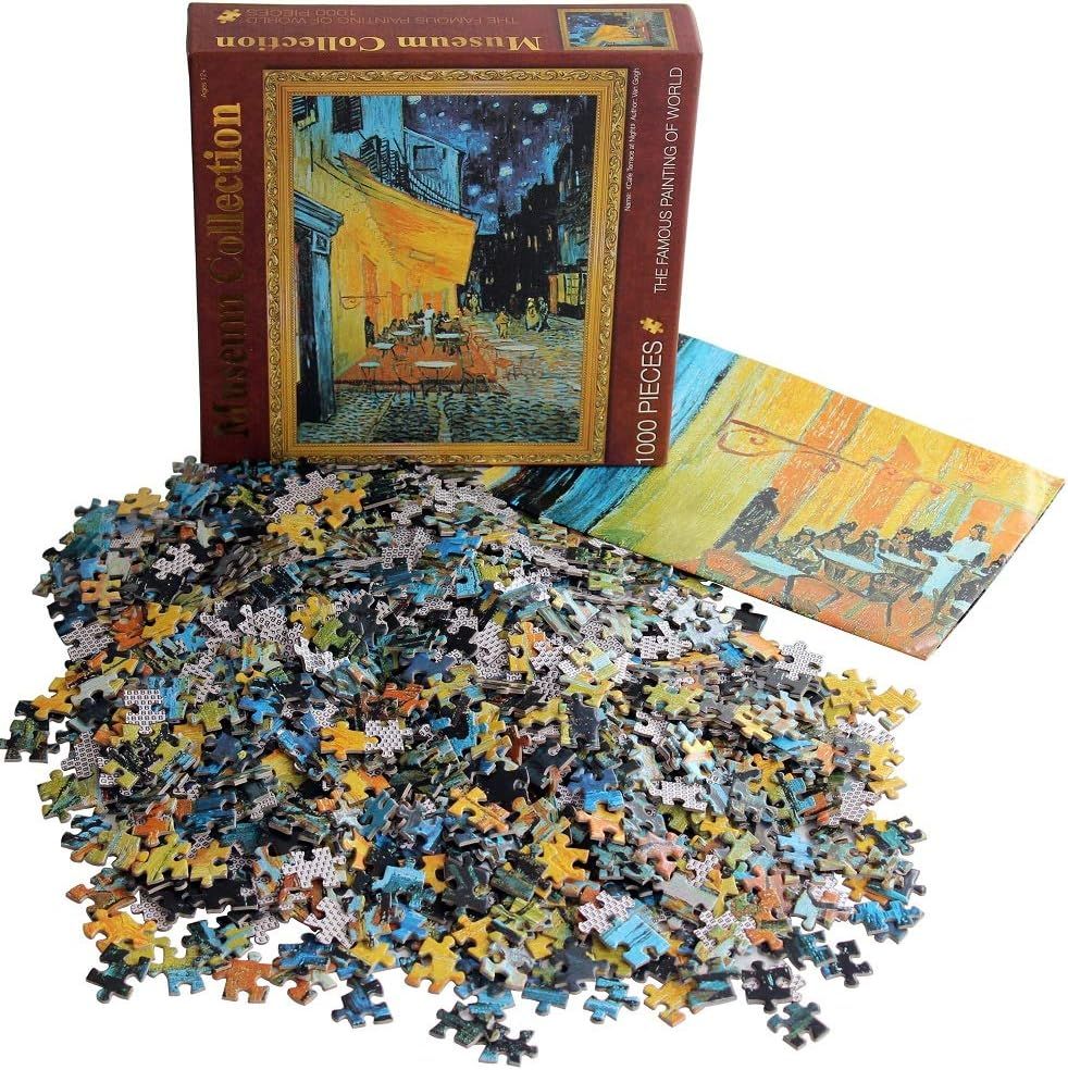 Shows everything included in the puzzle package to help shoppers understand what they receive: the box, all 1000 pieces, and a reference image for assembly.