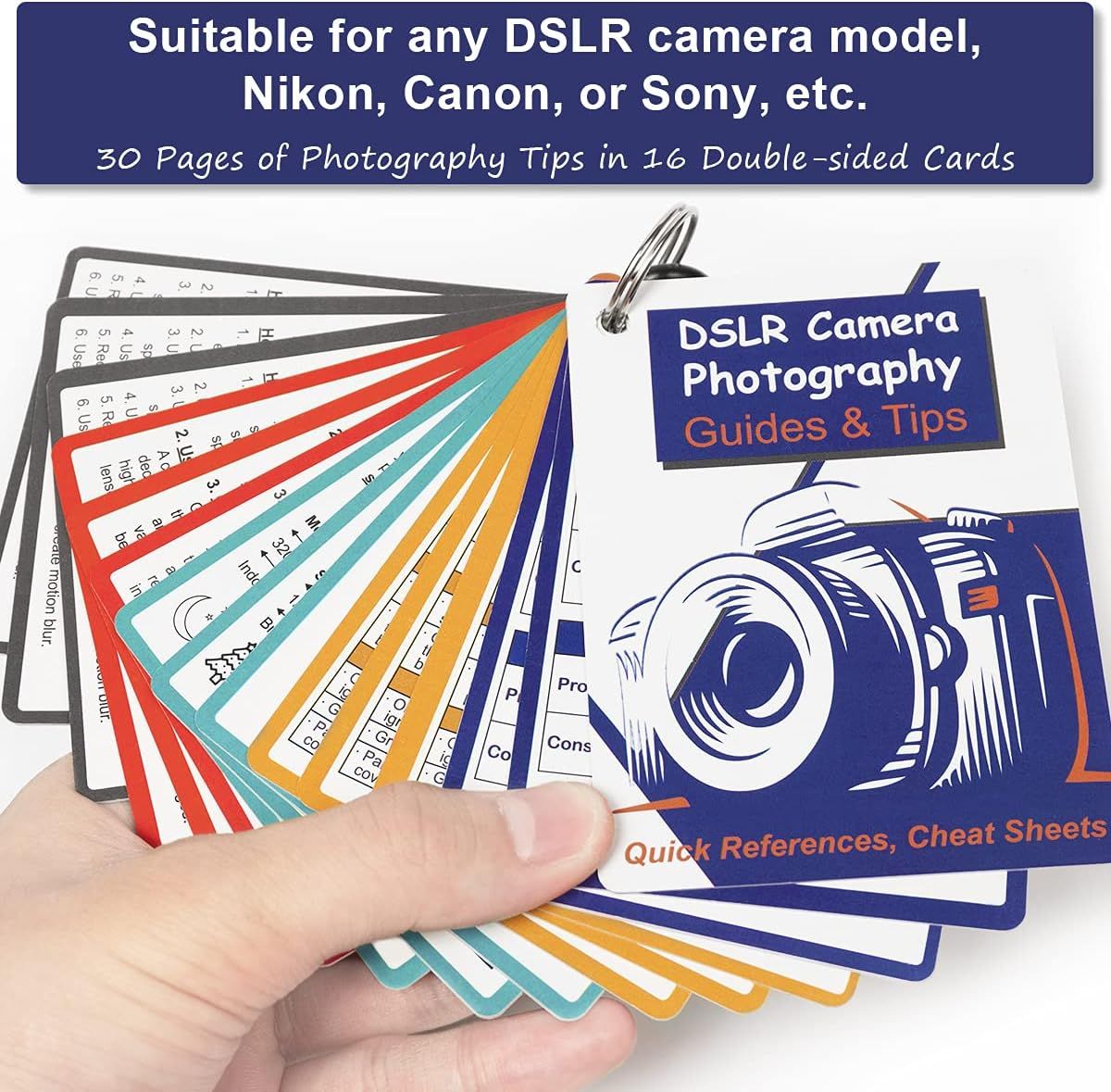Shows the complete set of 16 double-sided photography tip cards included with the product, demonstrating the comprehensive educational content the customer receives.