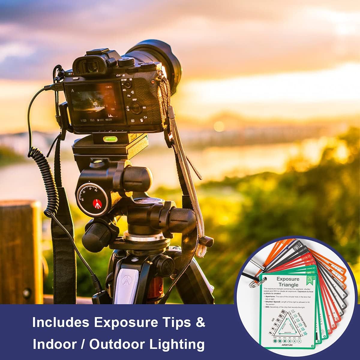 Shows that the product includes bonus educational materials (exposure tips cards and lighting guides) to help photographers improve their skills and understand camera settings.