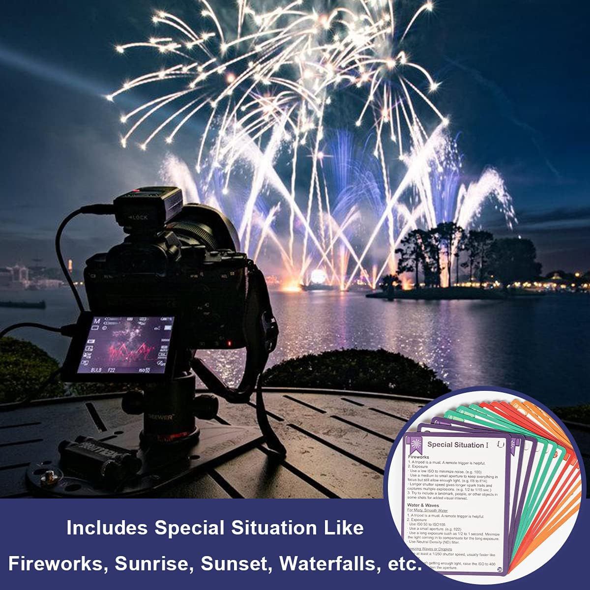 Demonstrates that the product includes helpful reference cards for photographing special situations like fireworks, sunrises, sunsets, and waterfalls, reassuring photographers they'll have guidance…