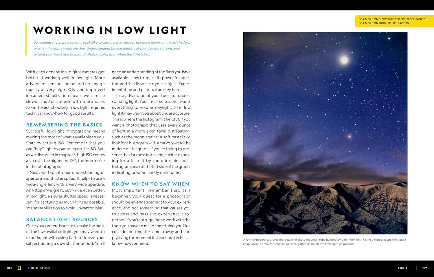 This image educates shoppers on how to use camera settings and techniques for low-light photography, providing instructional guidance on ISO, aperture, shutter speed, and histogram usage to enhance…