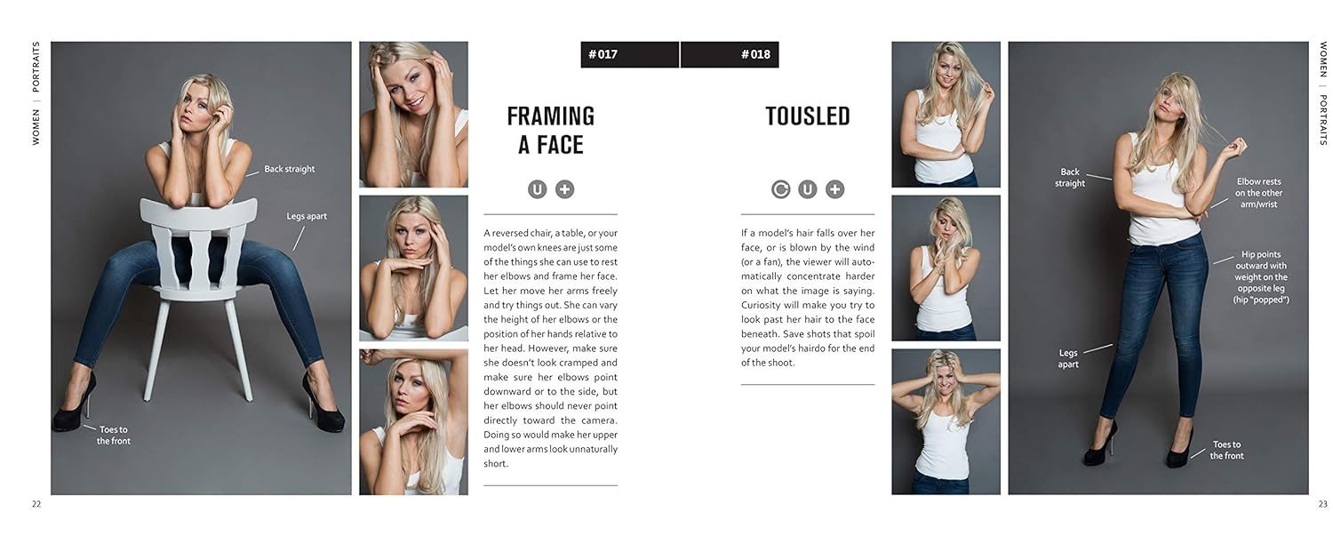 This image provides instructional guidance for photographers or models on how to pose for portraits, specifically demonstrating techniques like framing the face with hands and creating a tousled…