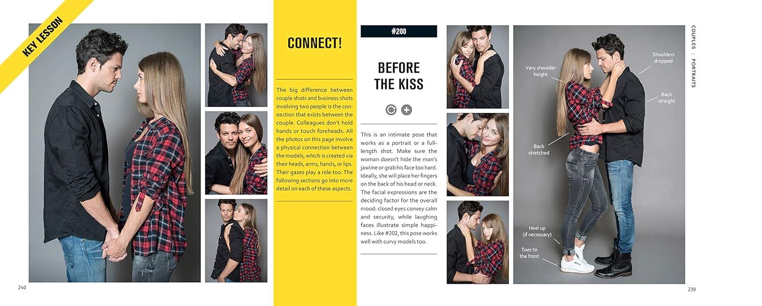 This image provides step-by-step instructional guidance on how to pose couples for photography, showing multiple poses with detailed annotations to help photographers achieve intimate,…