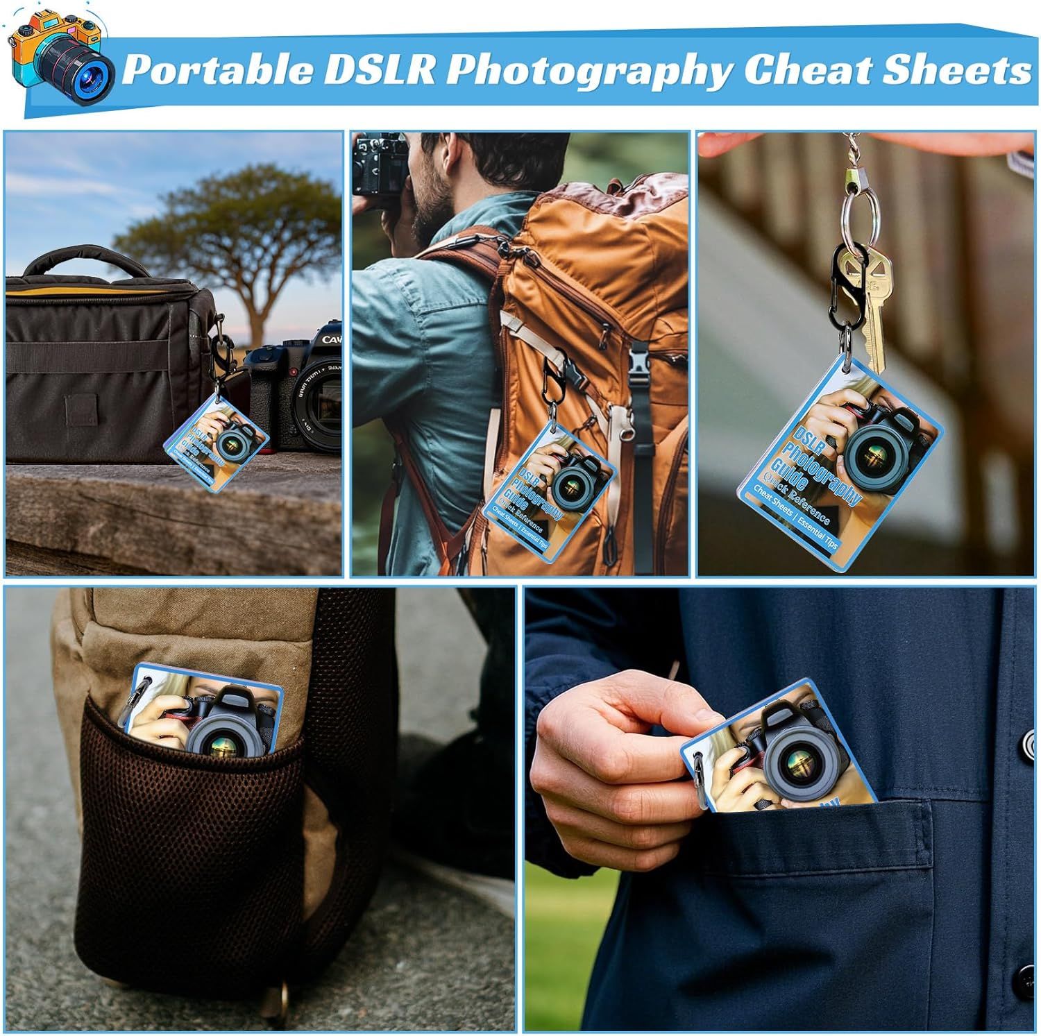 Demonstrates the multiple ways and environments the portable DSLR photography cheat sheets can be used - attached to bags, backpacks, keychains, stored in pockets, and carried in various settings -…