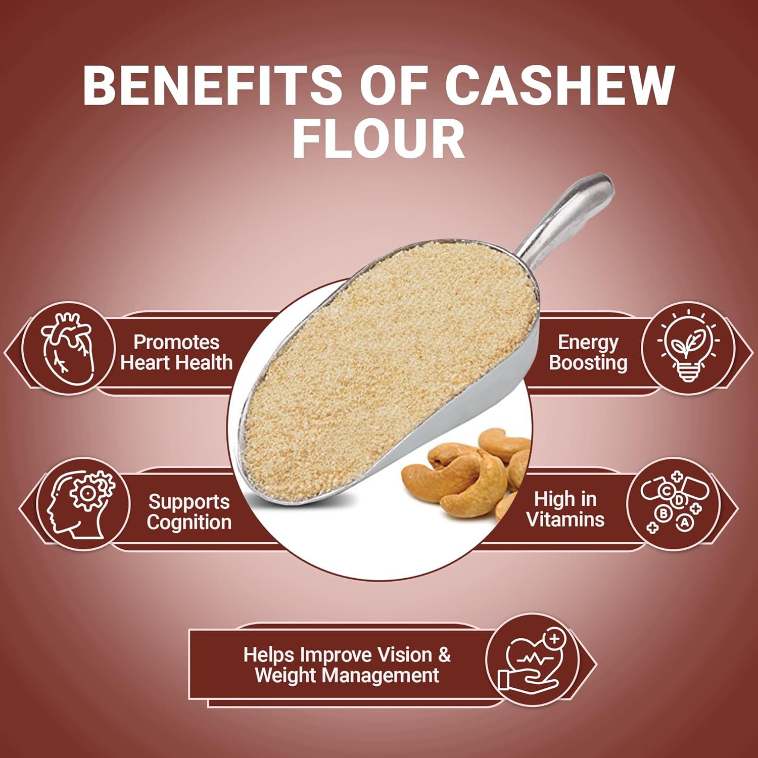 Communicates multiple health benefits of cashew flour to educate shoppers on its nutritional value and versatility as a healthy ingredient.